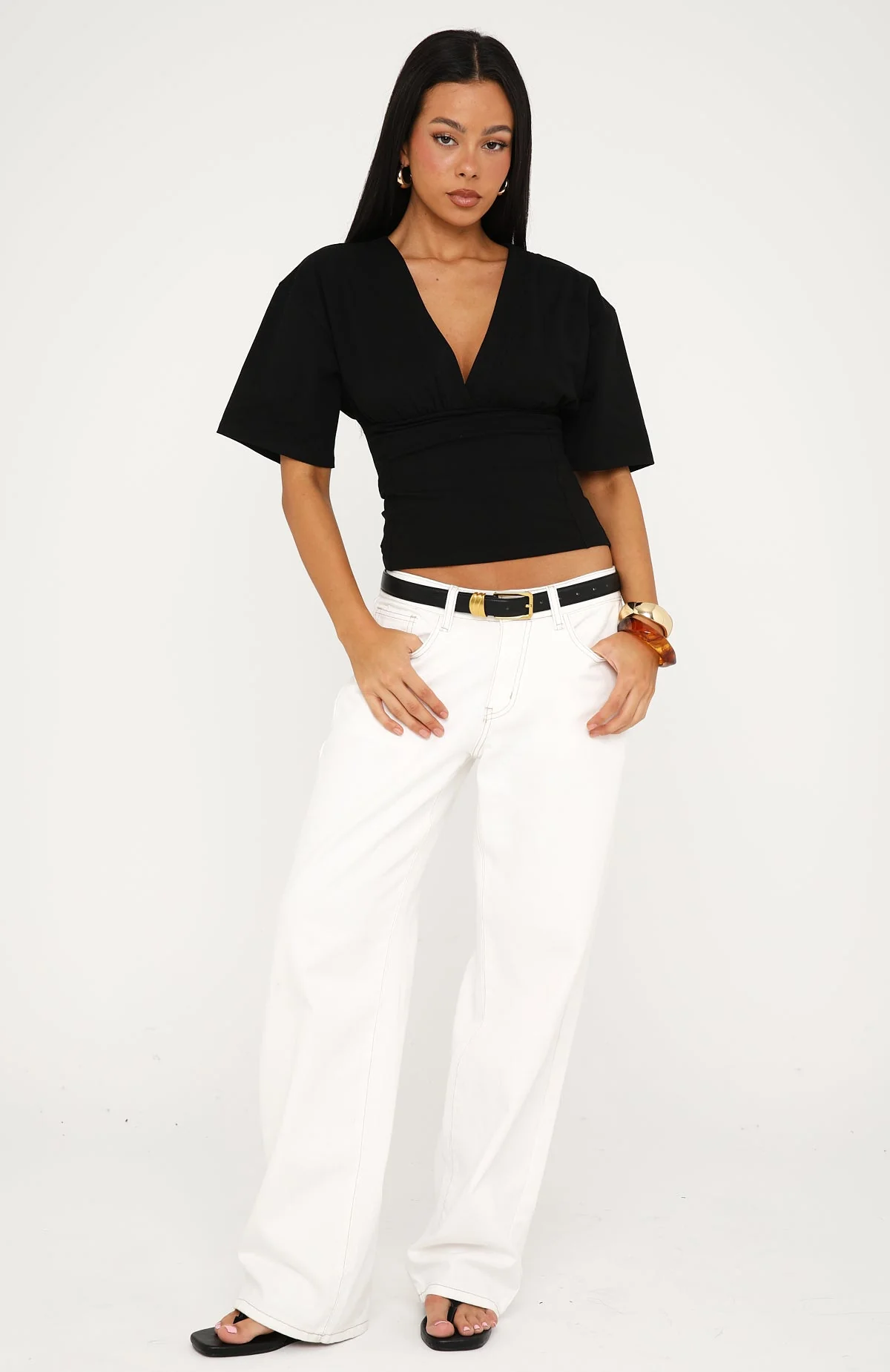 All On The Line V Neck Short Sleeve Top Black - Image 5