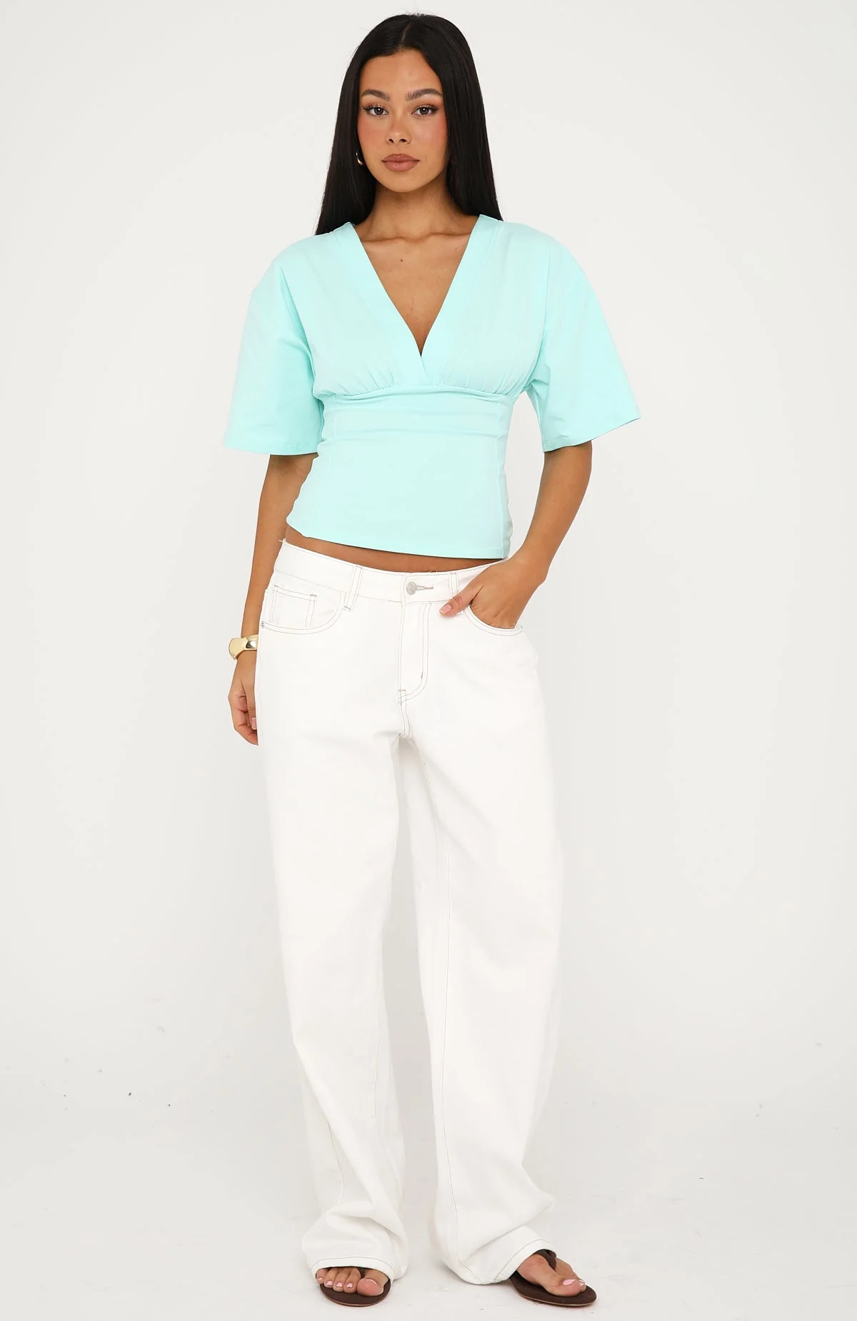 All On The Line V Neck Short Sleeve Top Mint - Image 5