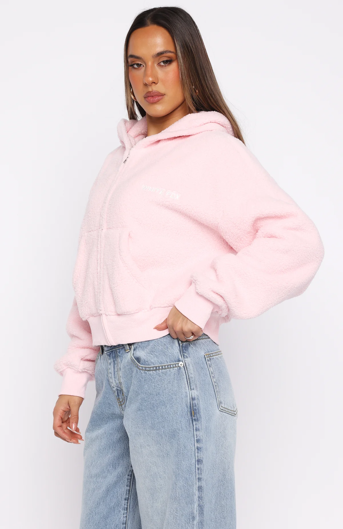 Always First Teddy Borg Boxy Zip Front Hoodie Pink - Image 4