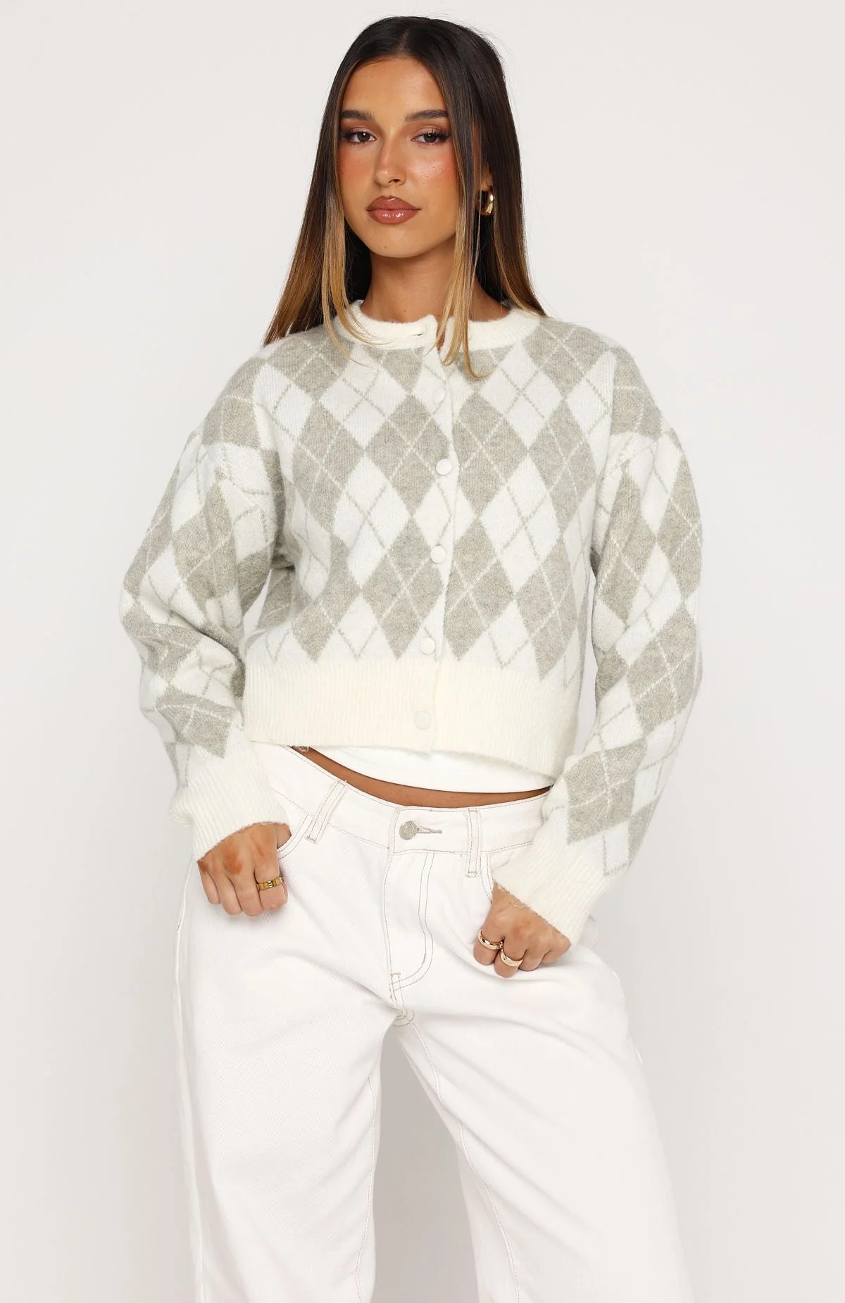Beaufort Argyle Knit Cardigan Sage/Cream - Image 2