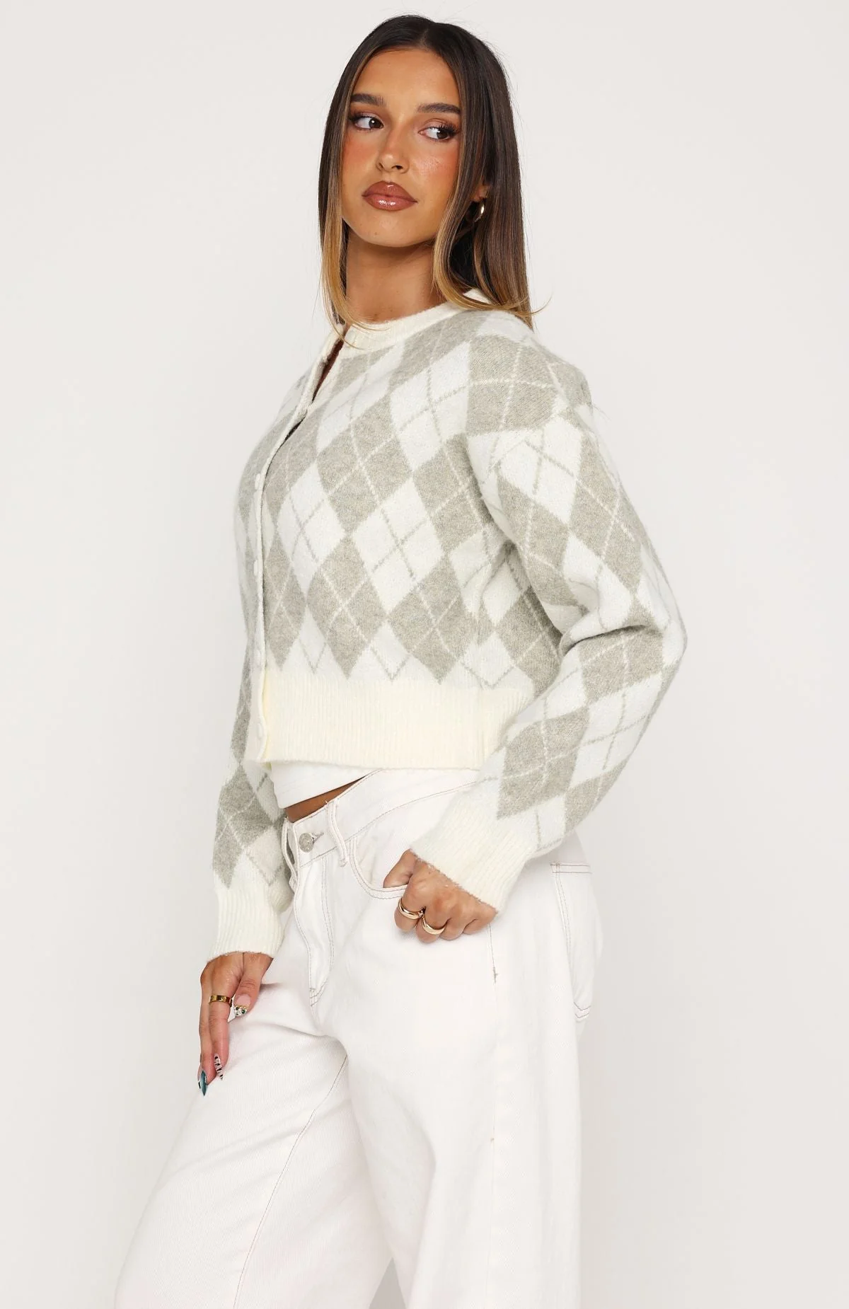 Beaufort Argyle Knit Cardigan Sage/Cream - Image 3