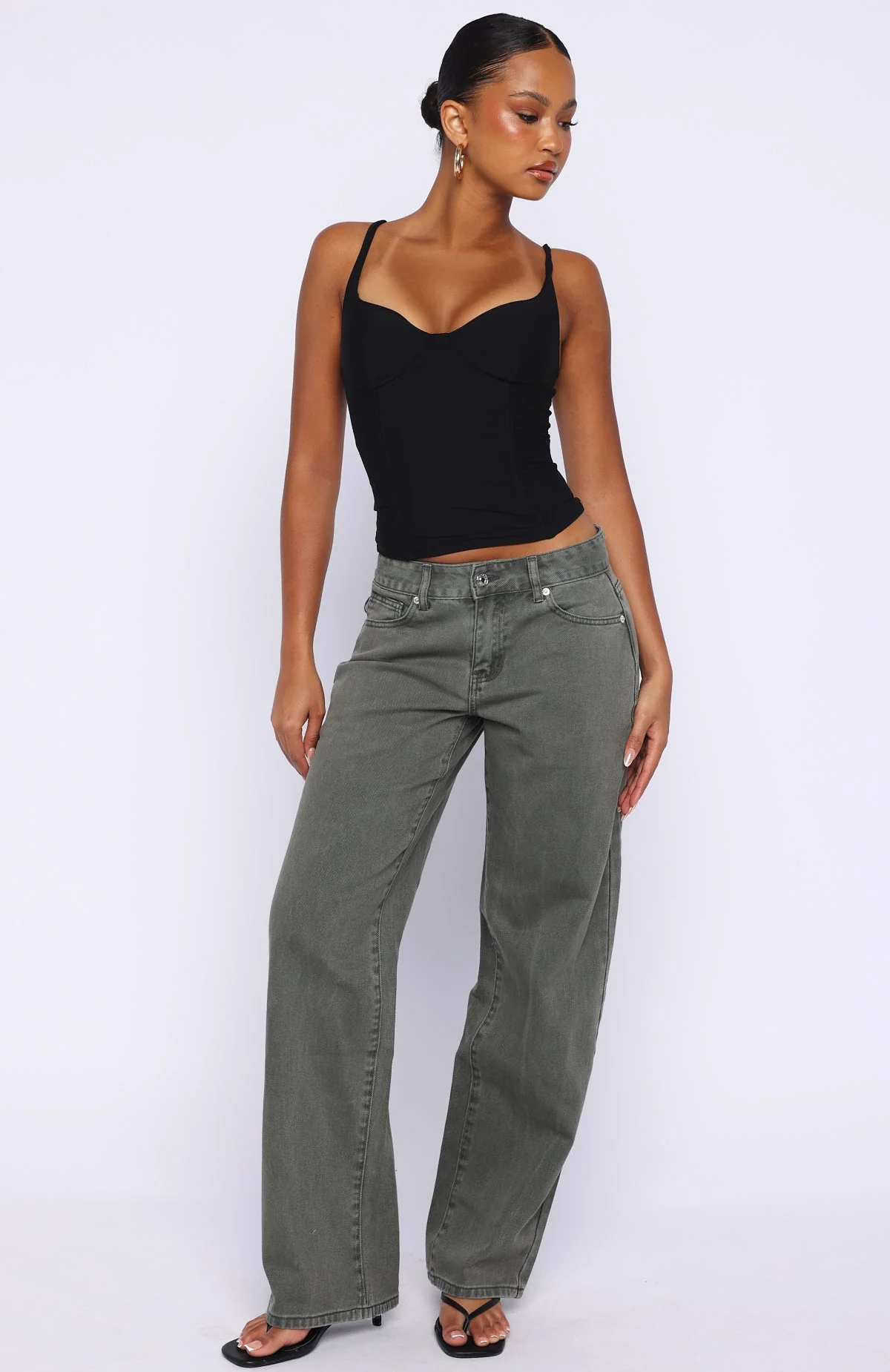 Bring The Style Low Rise Wide Leg Jeans Olive Wash - Image 2