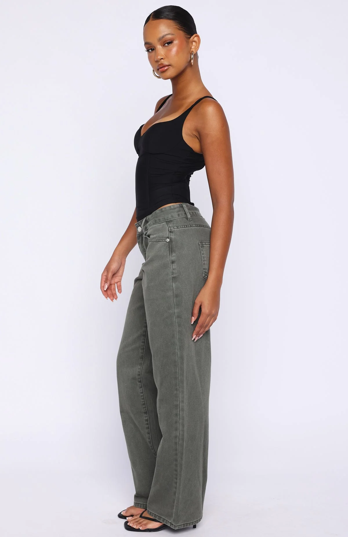 Bring The Style Low Rise Wide Leg Jeans Olive Wash - Image 3