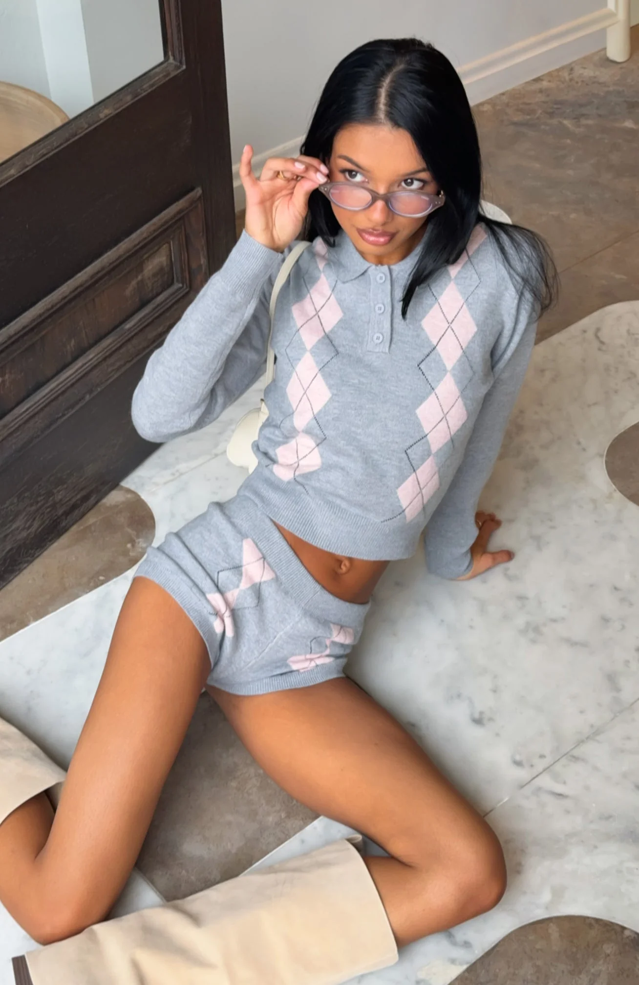 Candy Grid Argyle Knit Top Grey/Pink - Image 6