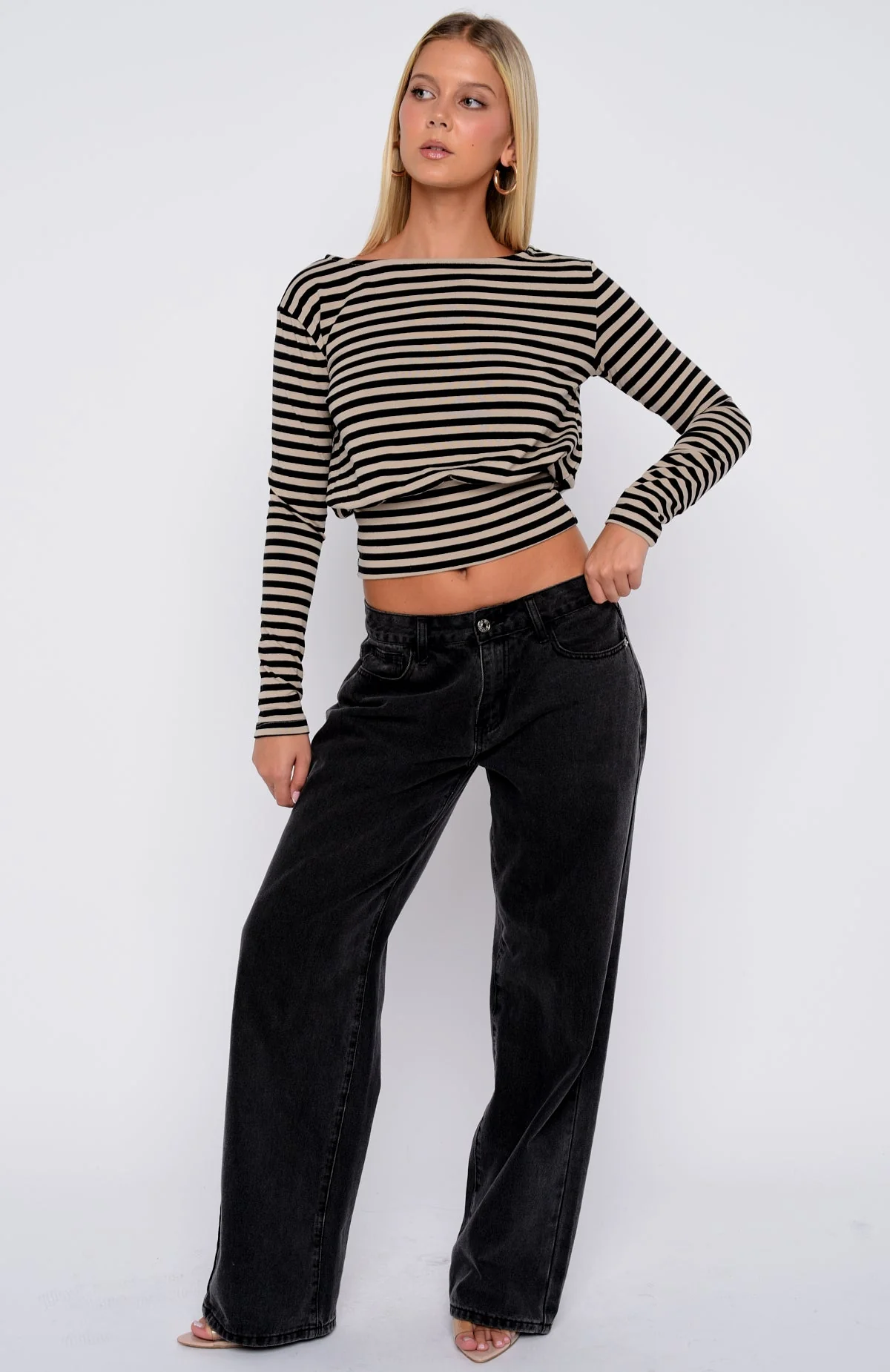 Catch My Heart Cinched Waist Long Sleeve Top Toffee/Black Stripe - Image 6