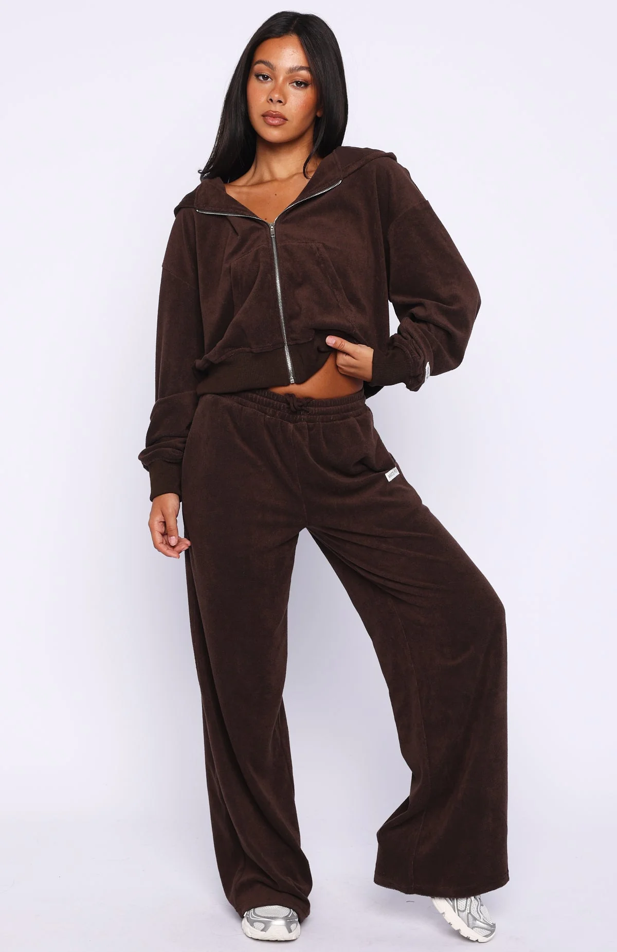 Causing Commotion Terry Wide Leg Sweatpants Chocolate - Image 2