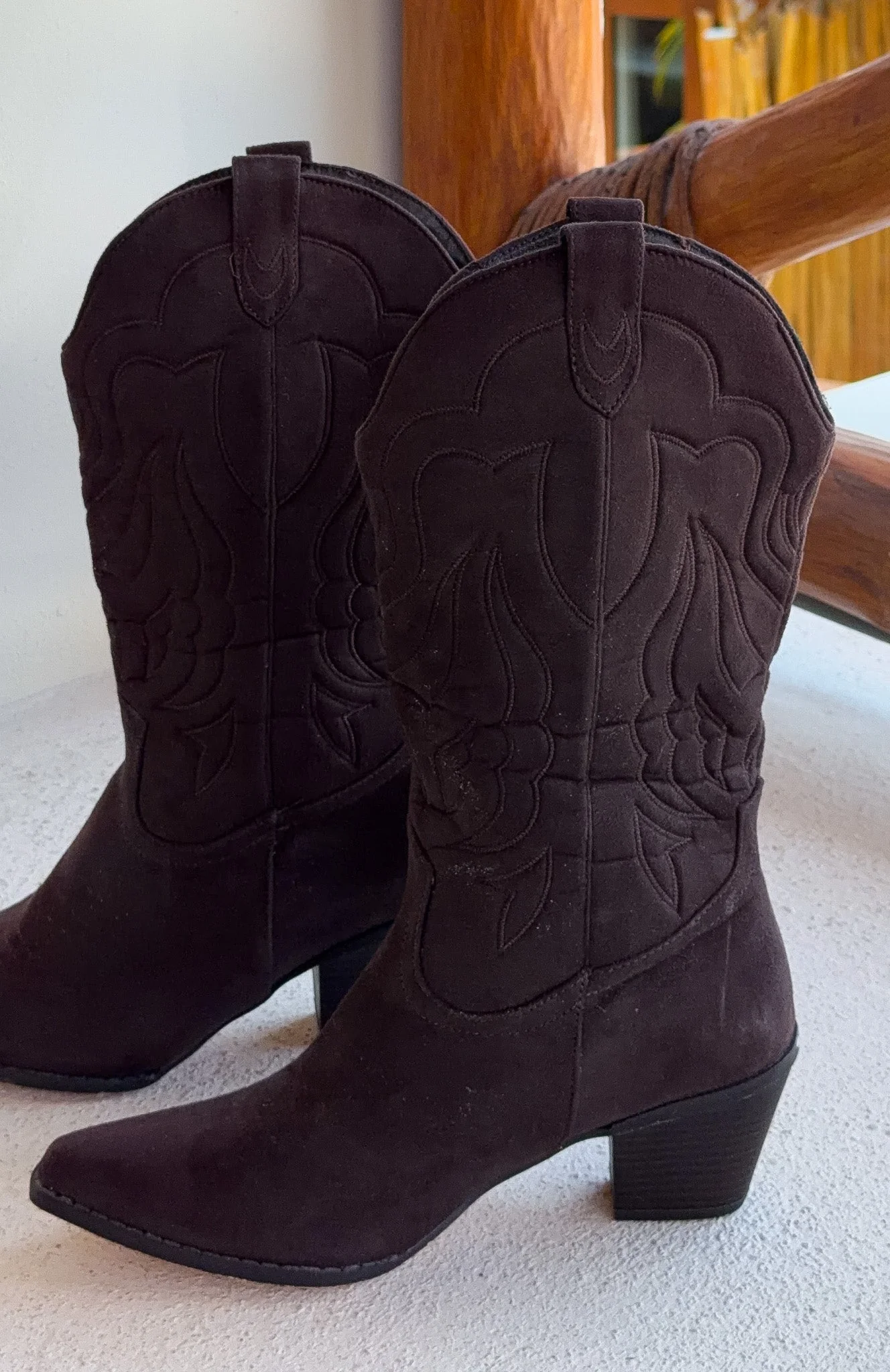 Darcy Cowboy Boots Chocolate Faux Suede - Image 4
