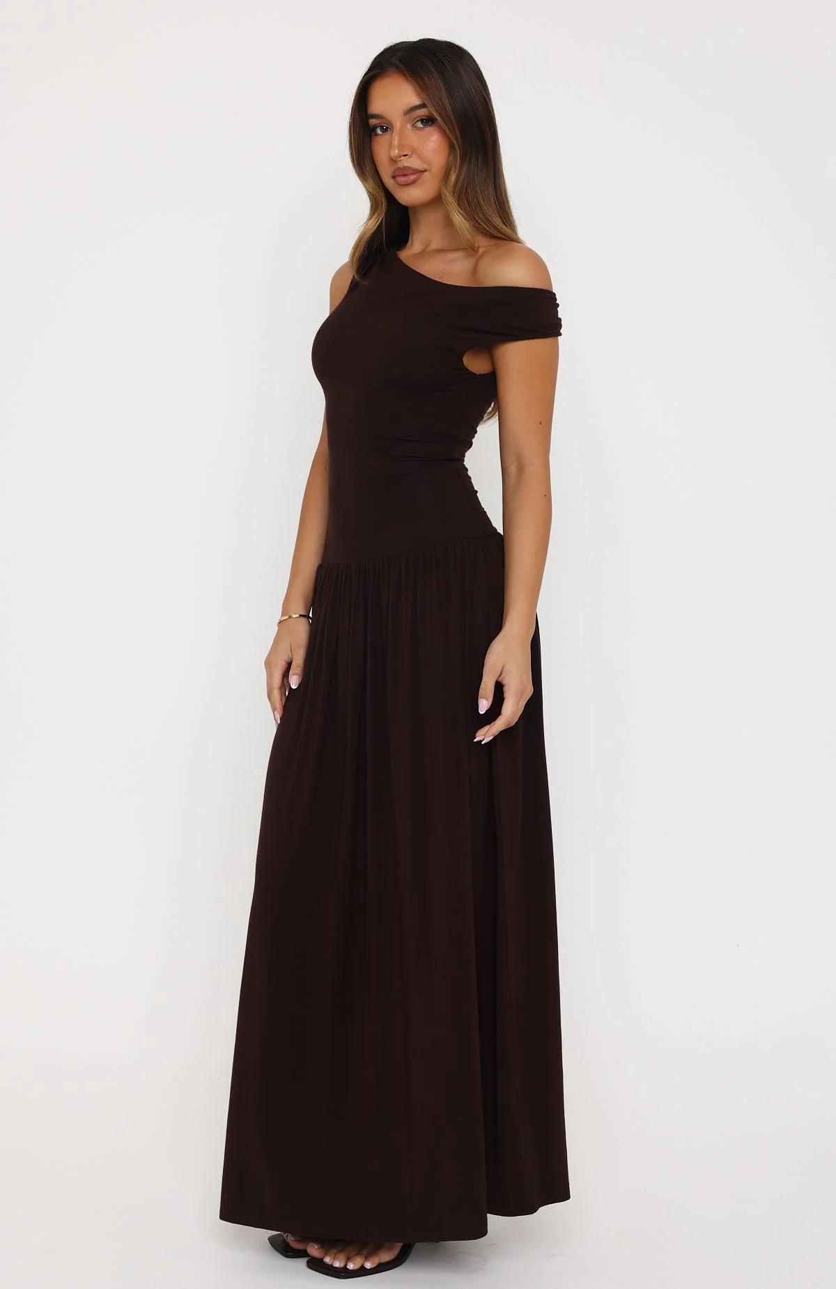 Don't Ask Off Shoulder Maxi Dress Dark Chocolate - Image 3