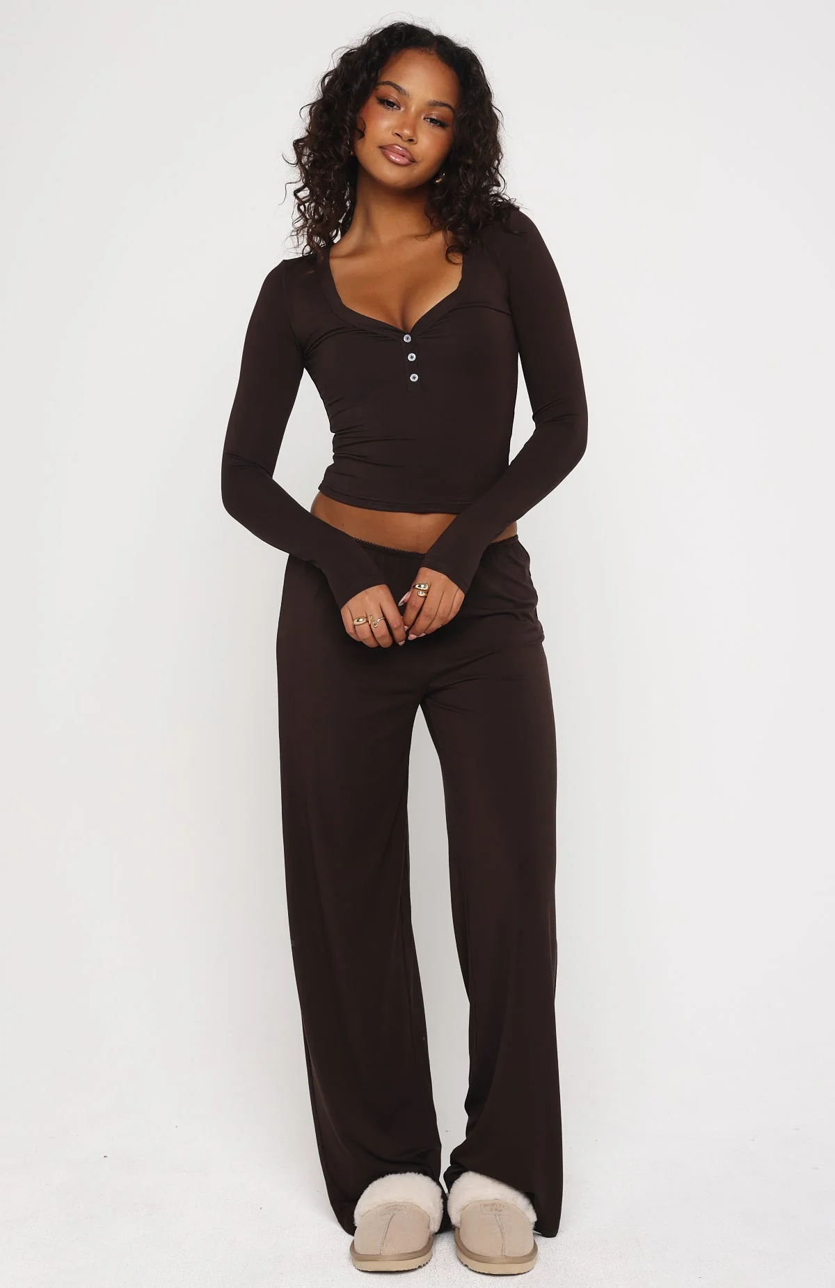 Dreamy Button Up Long Sleeve Pyjama Top Chocolate - Image 5