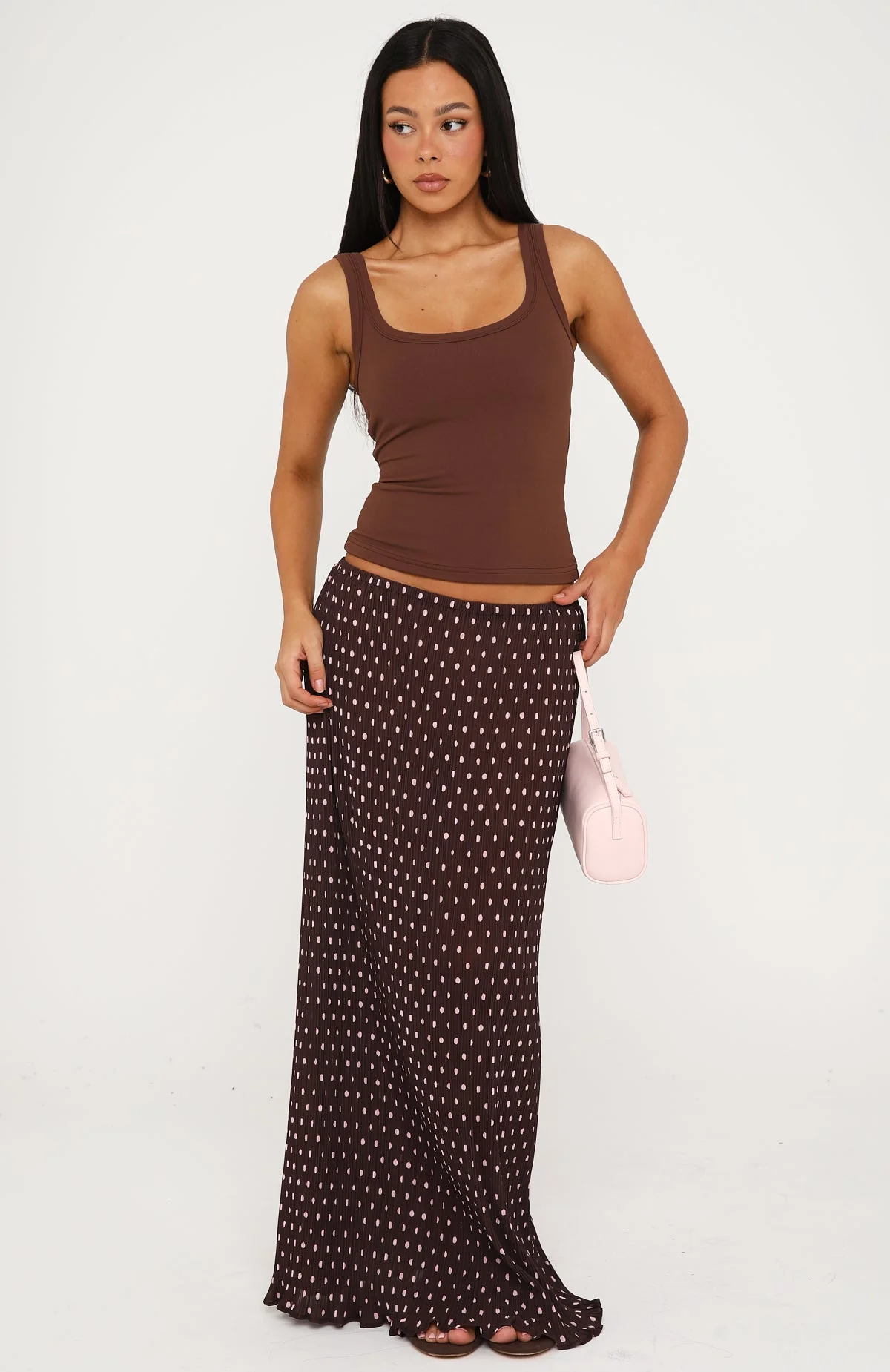 Flow State Maxi Skirt Choc/Pink Polka Dot - Image 3