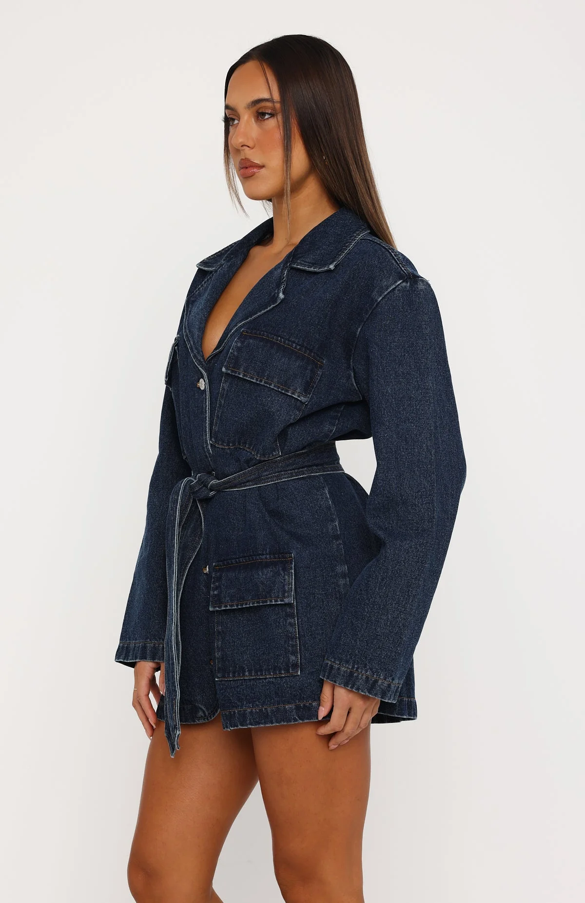 Freefall Romance Long Sleeve Denim Dress Dark Blue - Image 3