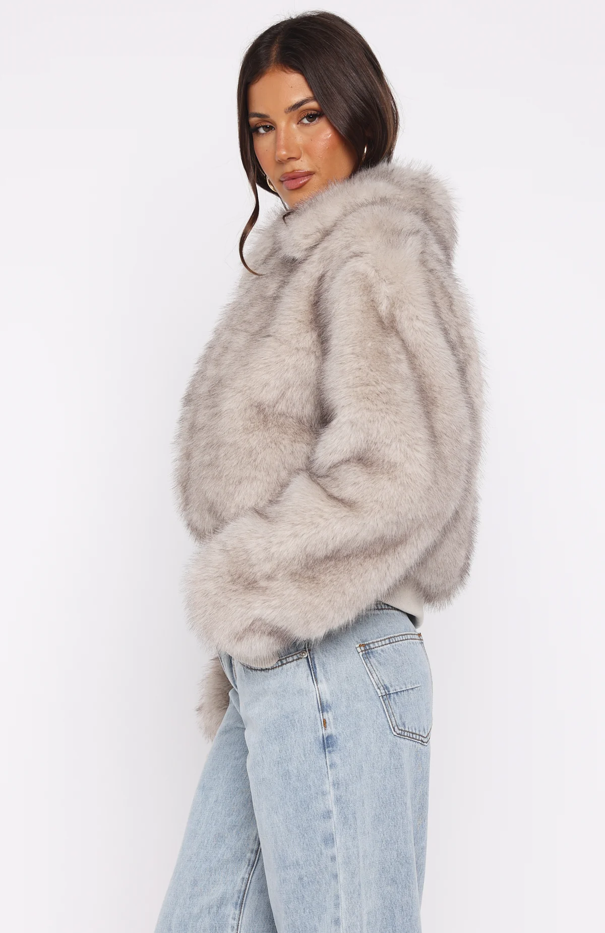 Glacial Chic Faux Fur Bomber Jacket Smokey Taupe - Image 4