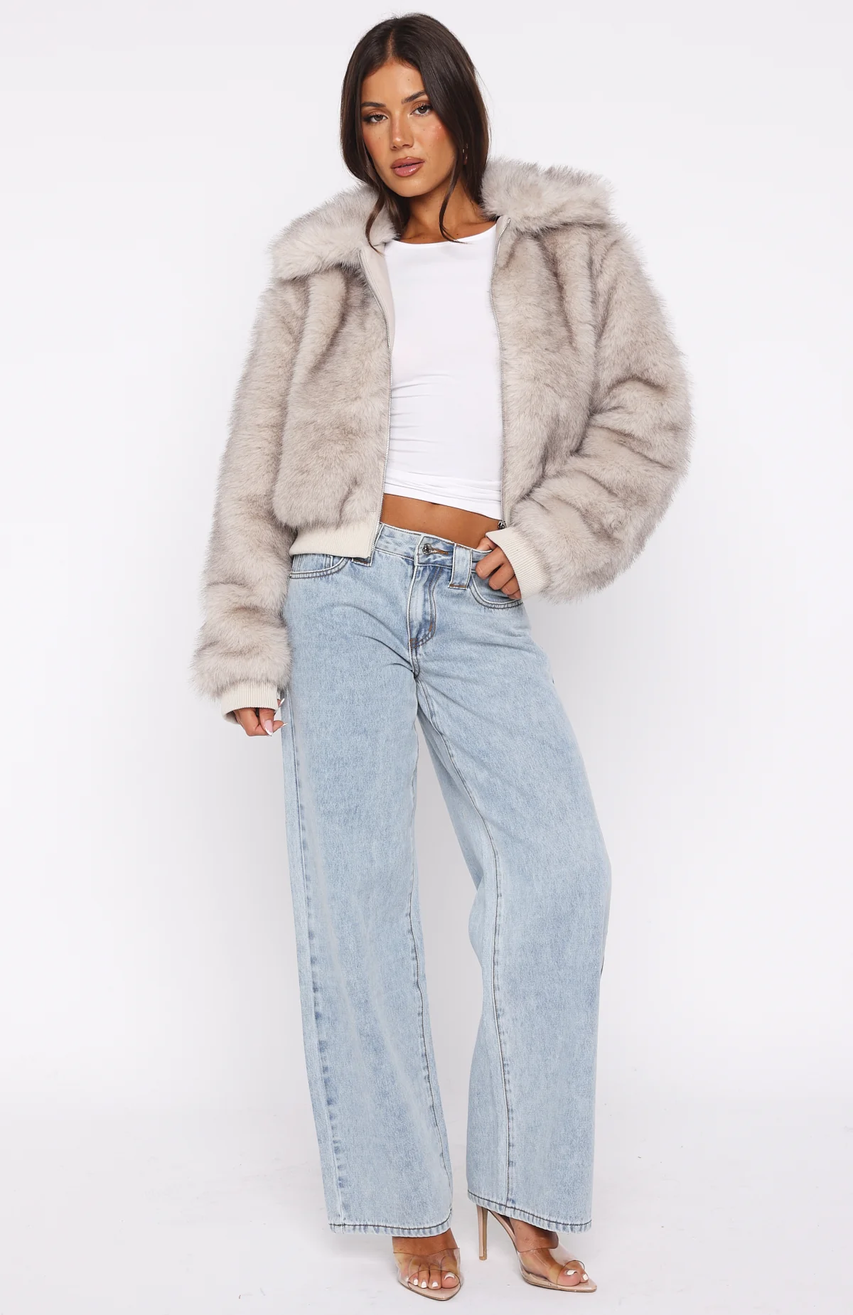 Glacial Chic Faux Fur Bomber Jacket Smokey Taupe - Image 6
