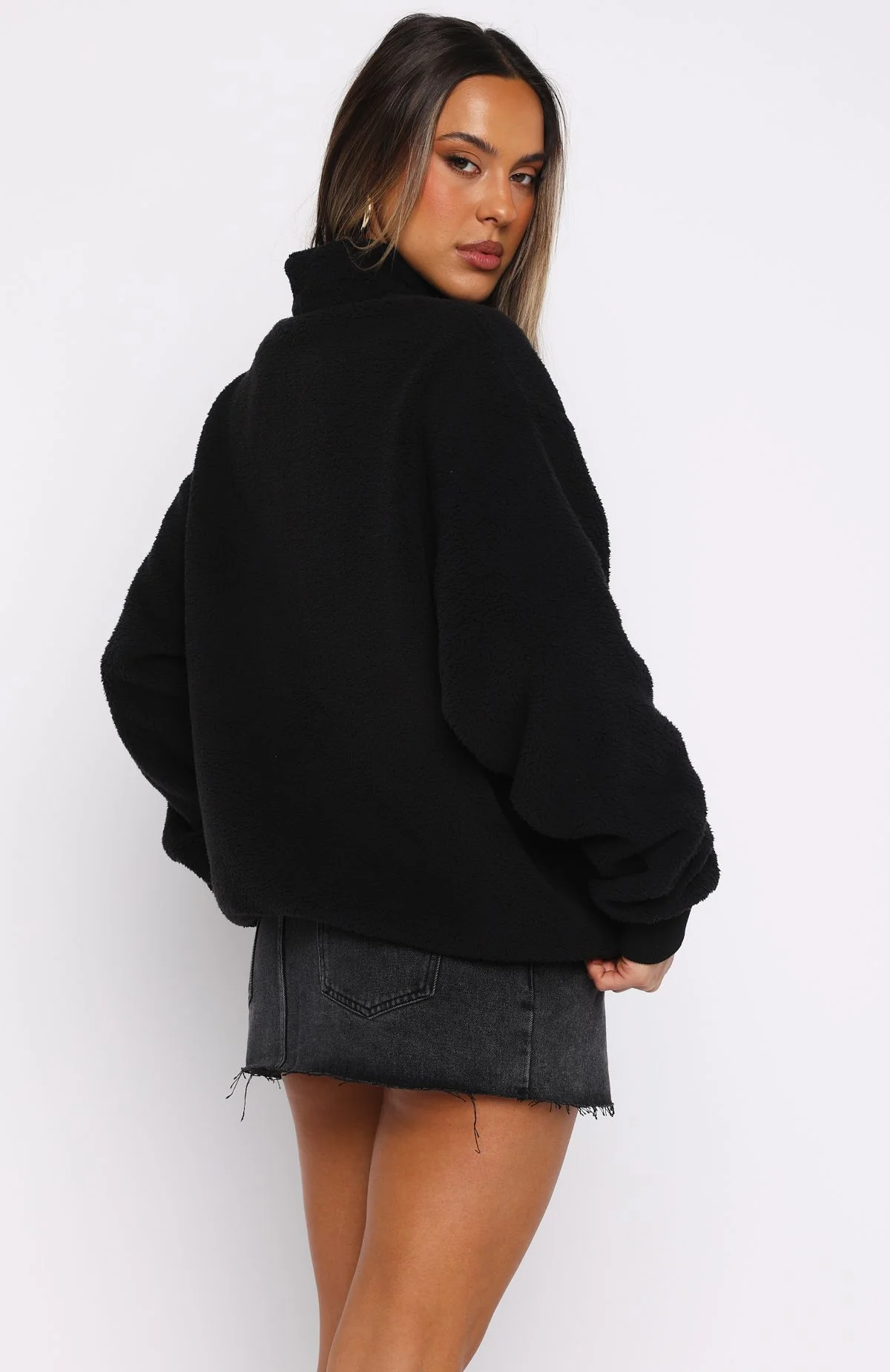 Hard To Stay Focused Teddy Borg Zip Front Sweater Black - Image 5