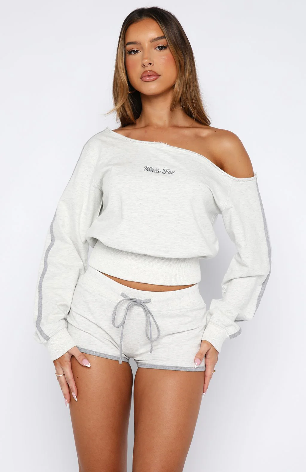 High Roller Off Shoulder Long Sleeve Sweater Grey Marle - Image 3