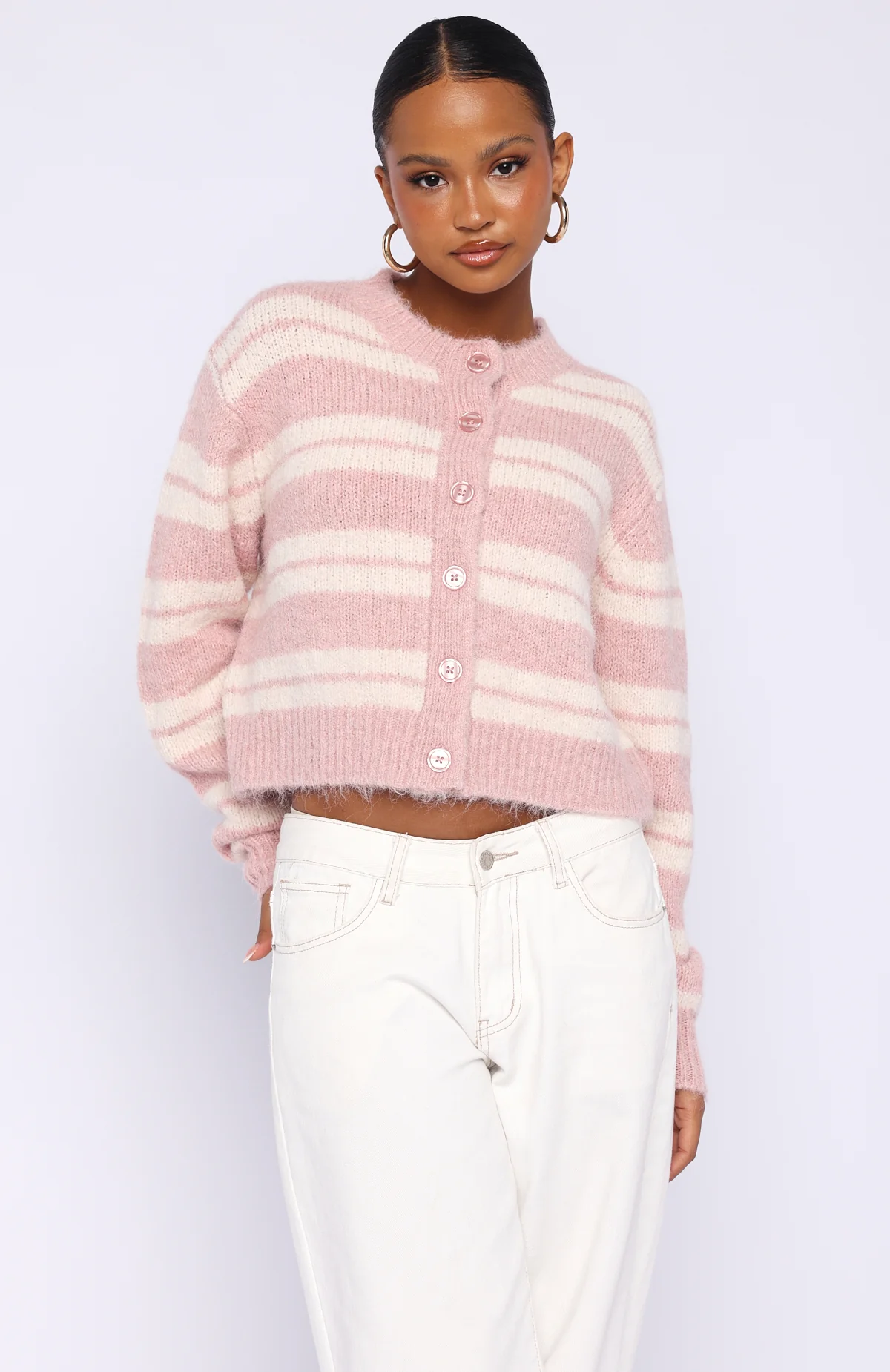 Ice Bae Stripe Knit Cardigan Strawberry Cream Stripe - Image 2