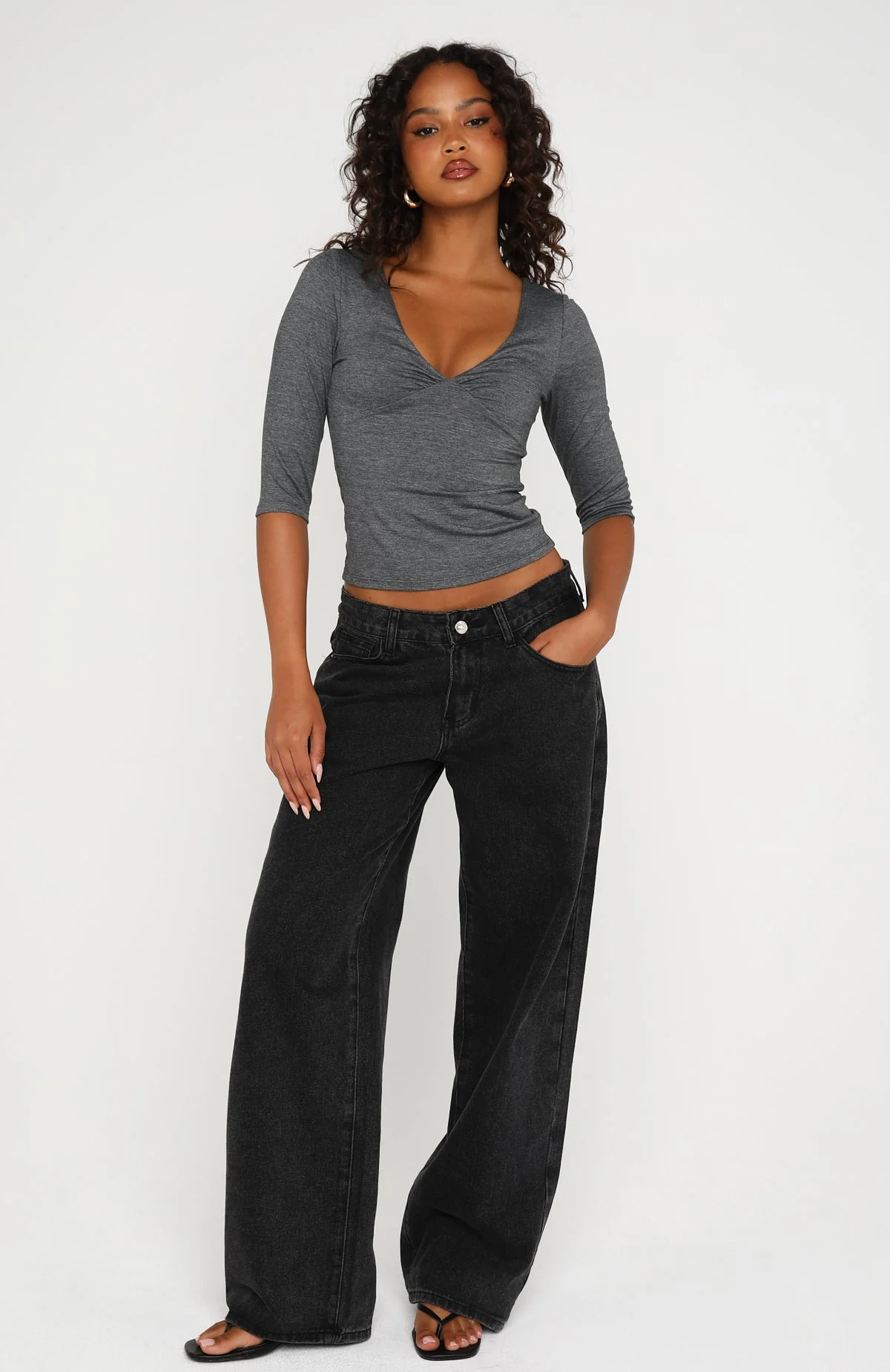 Little Bit Of Everything 3/4 Sleeve V Neck Top Charcoal Marle - Image 6