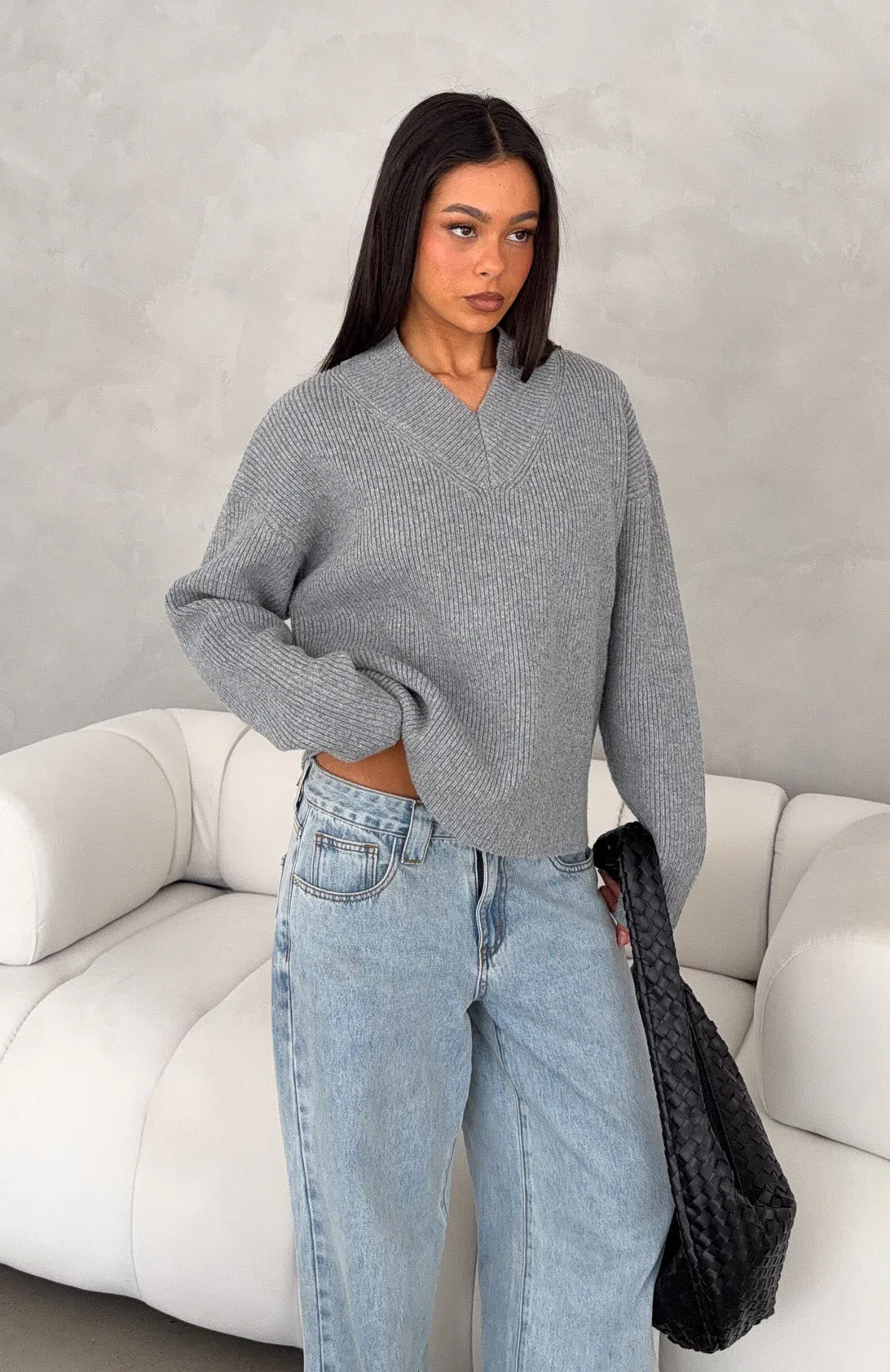 Luzia V Neck Knit Sweater Grey