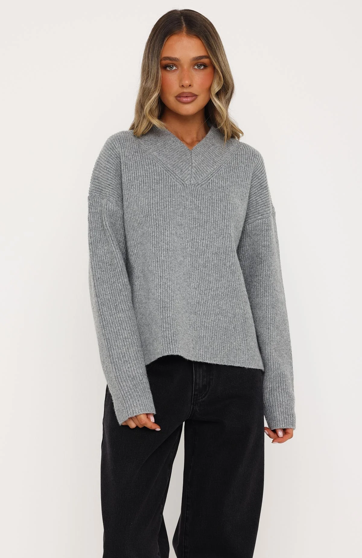 Luzia V Neck Knit Sweater Grey - Image 2