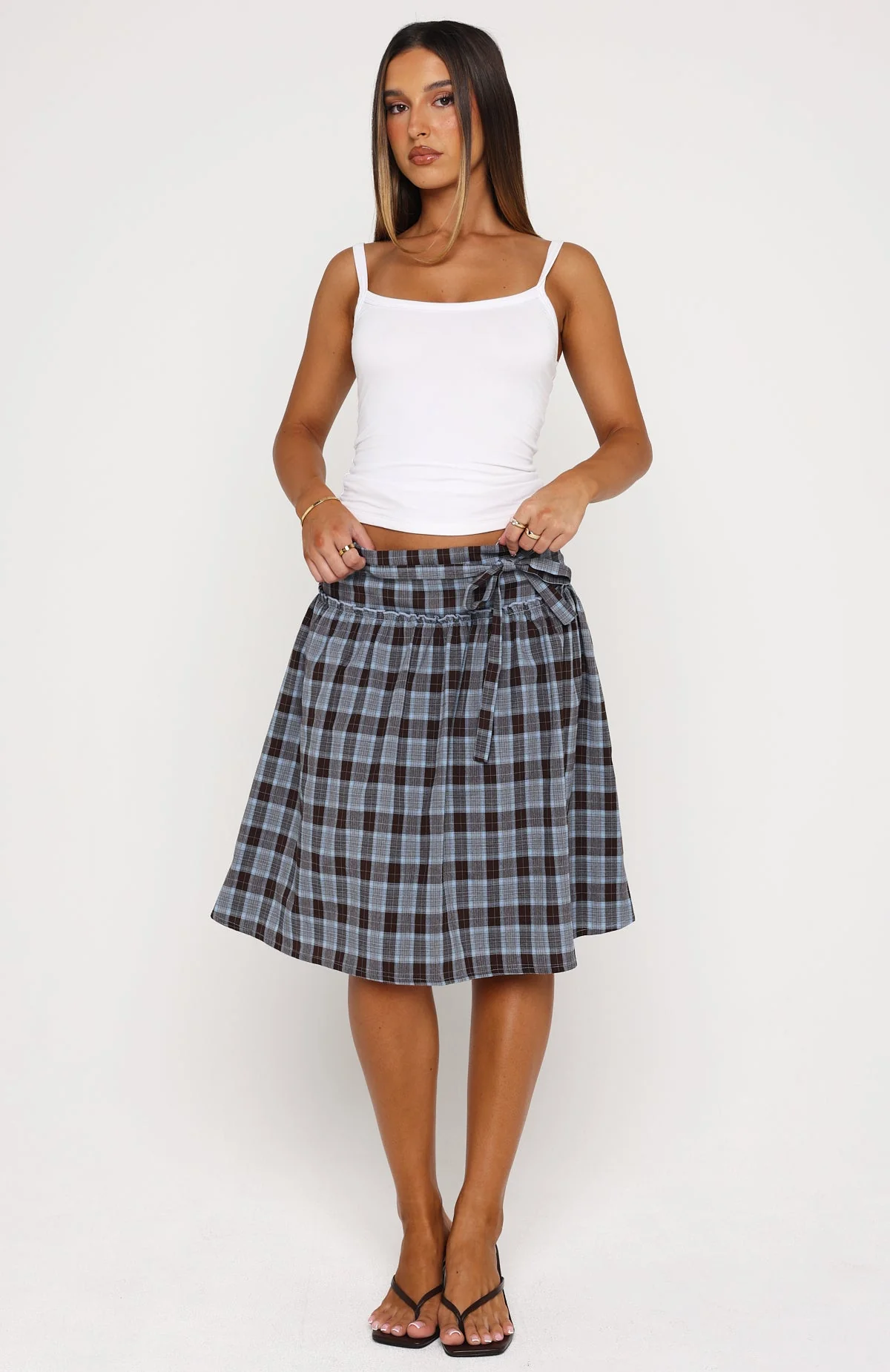 Make You Blush Midi Skirt Blue/Chocolate Check - Image 2