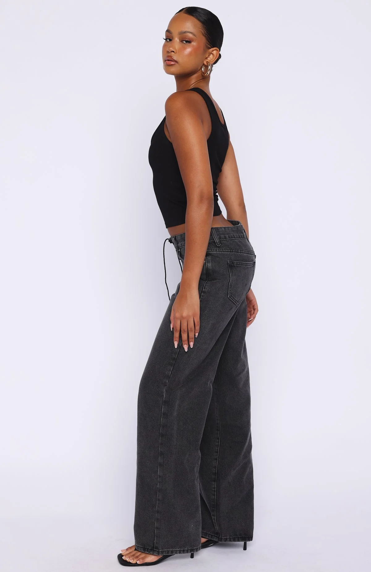 Making Appearances Mid Rise Lace Up Straight Leg Jeans Black Acid Wash - Image 3