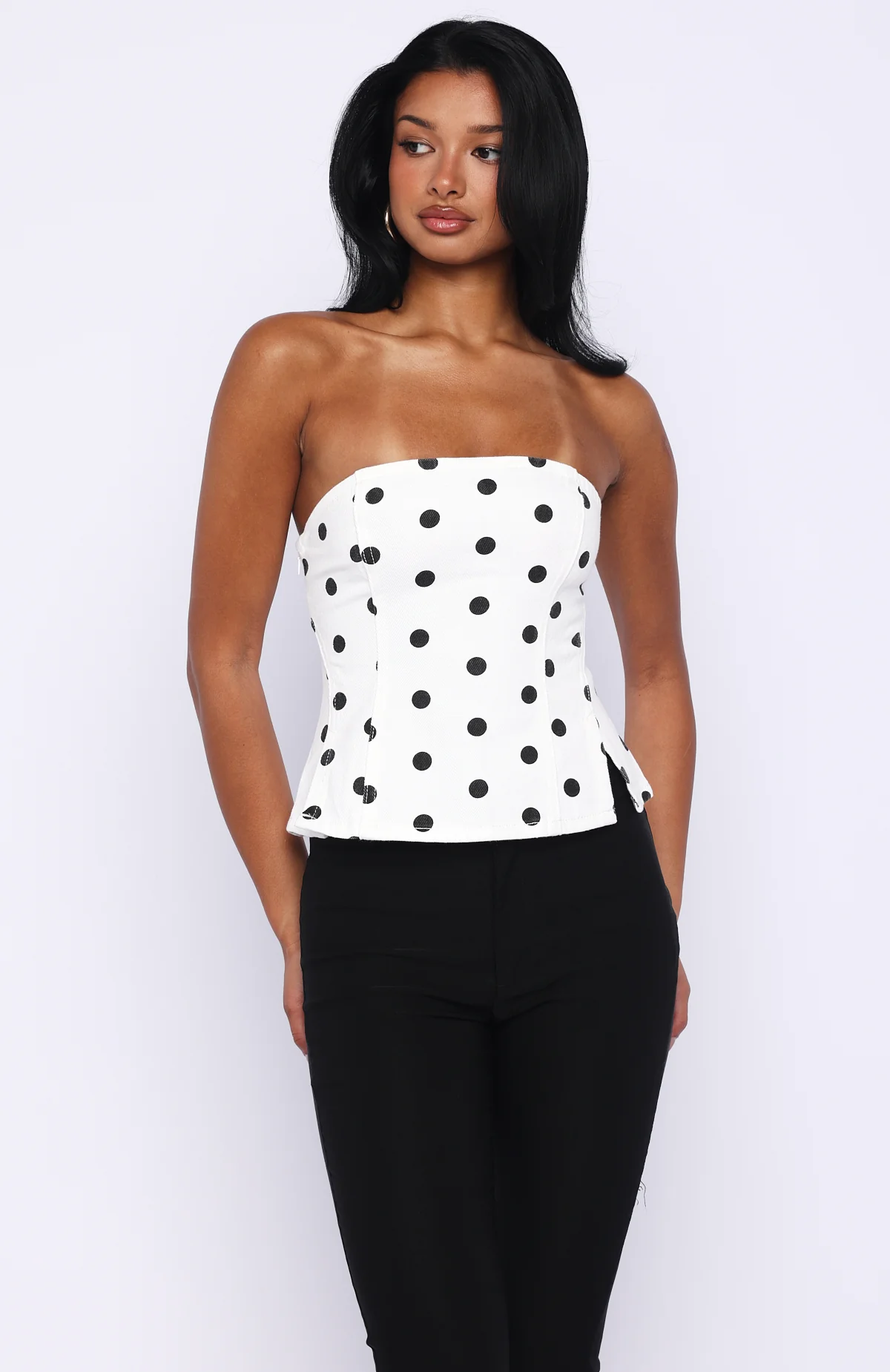 More Power Strapless Denim Top White/Black Polka Dot - Image 2