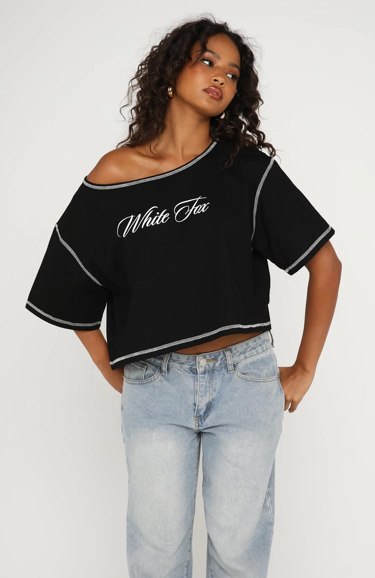 Need More Time Off Shoulder Oversized Tee Black - Image 2