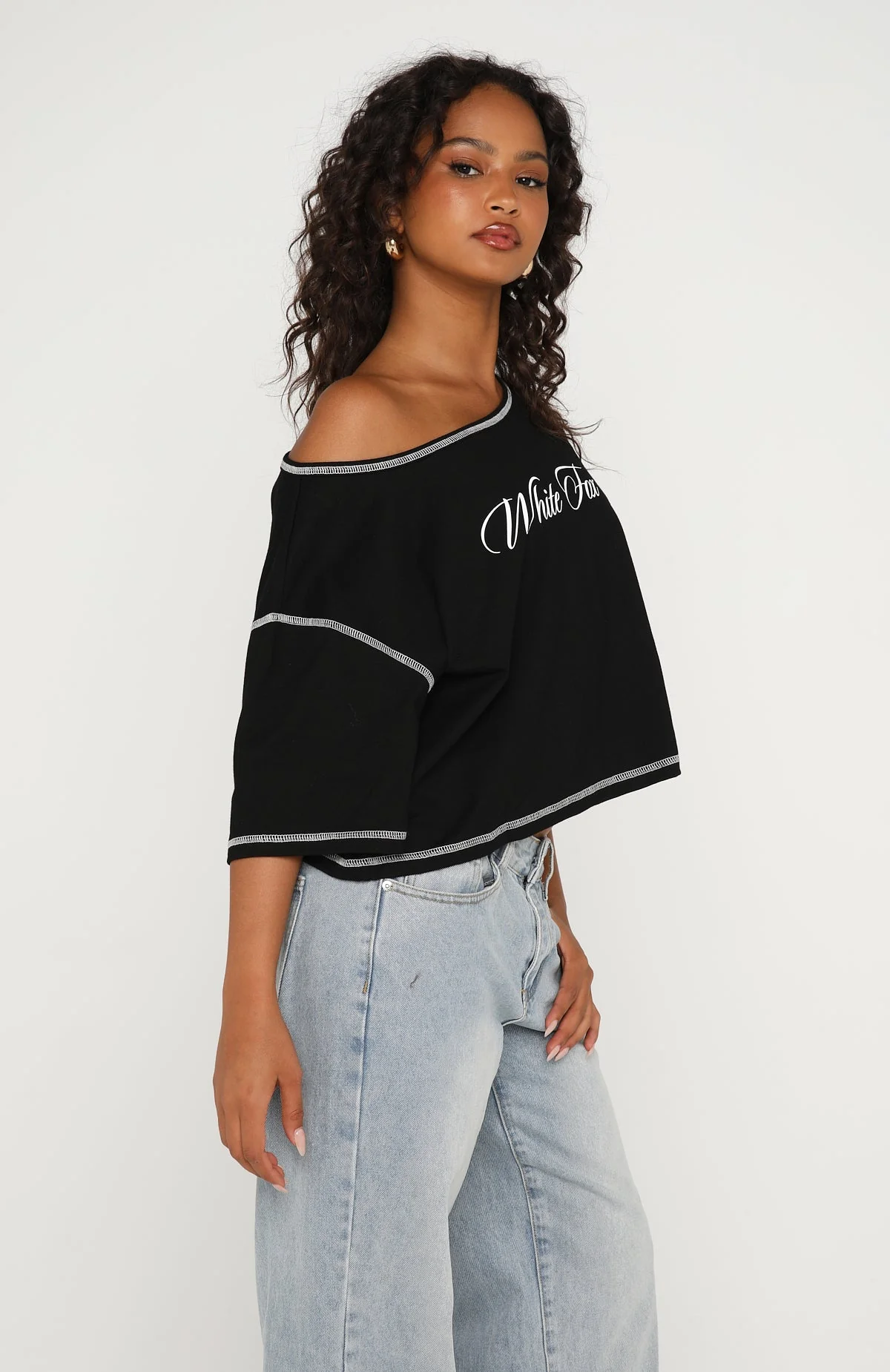 Need More Time Off Shoulder Oversized Tee Black - Image 3