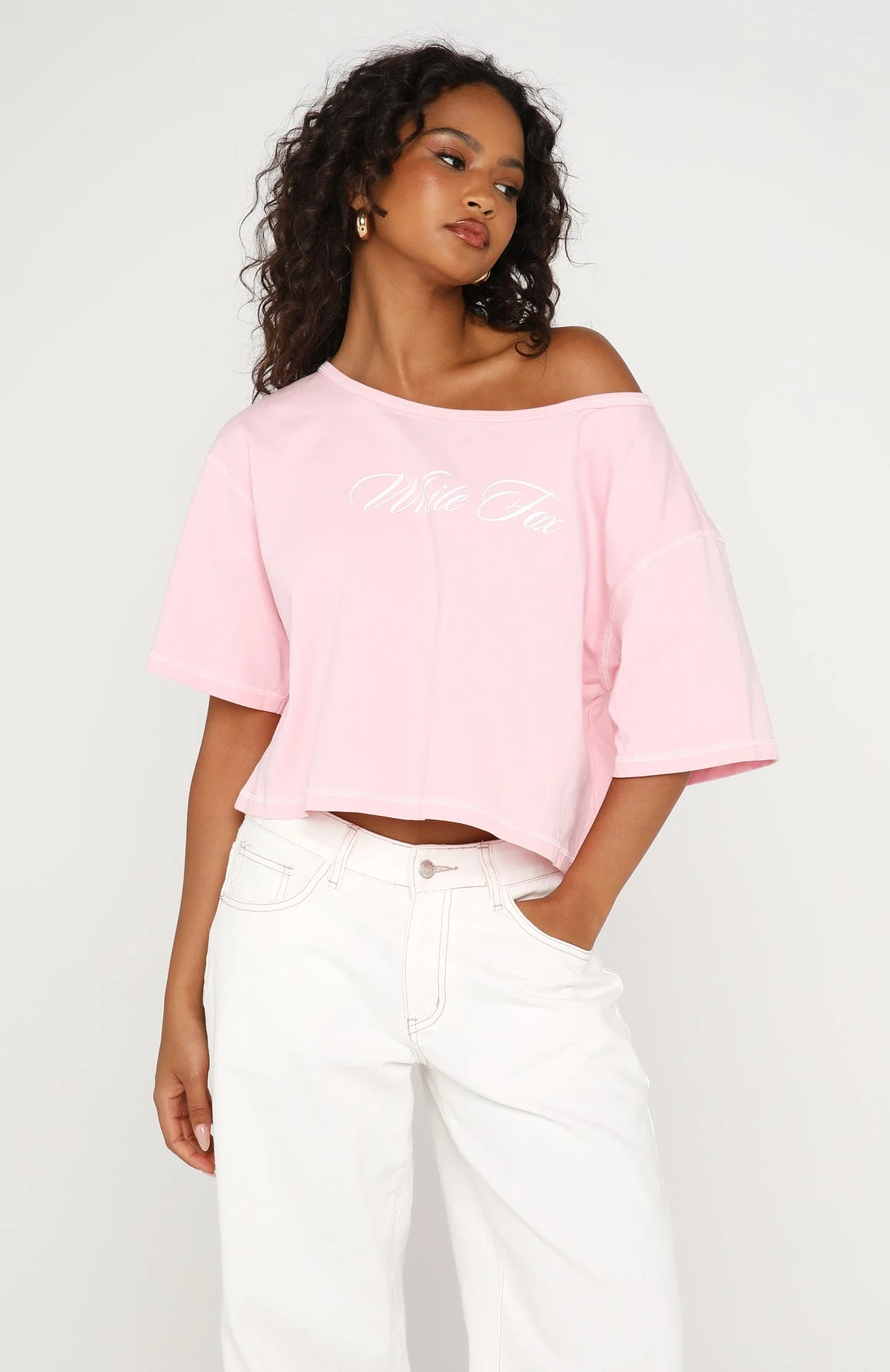 Need More Time Off Shoulder Oversized Tee Pink - Image 2