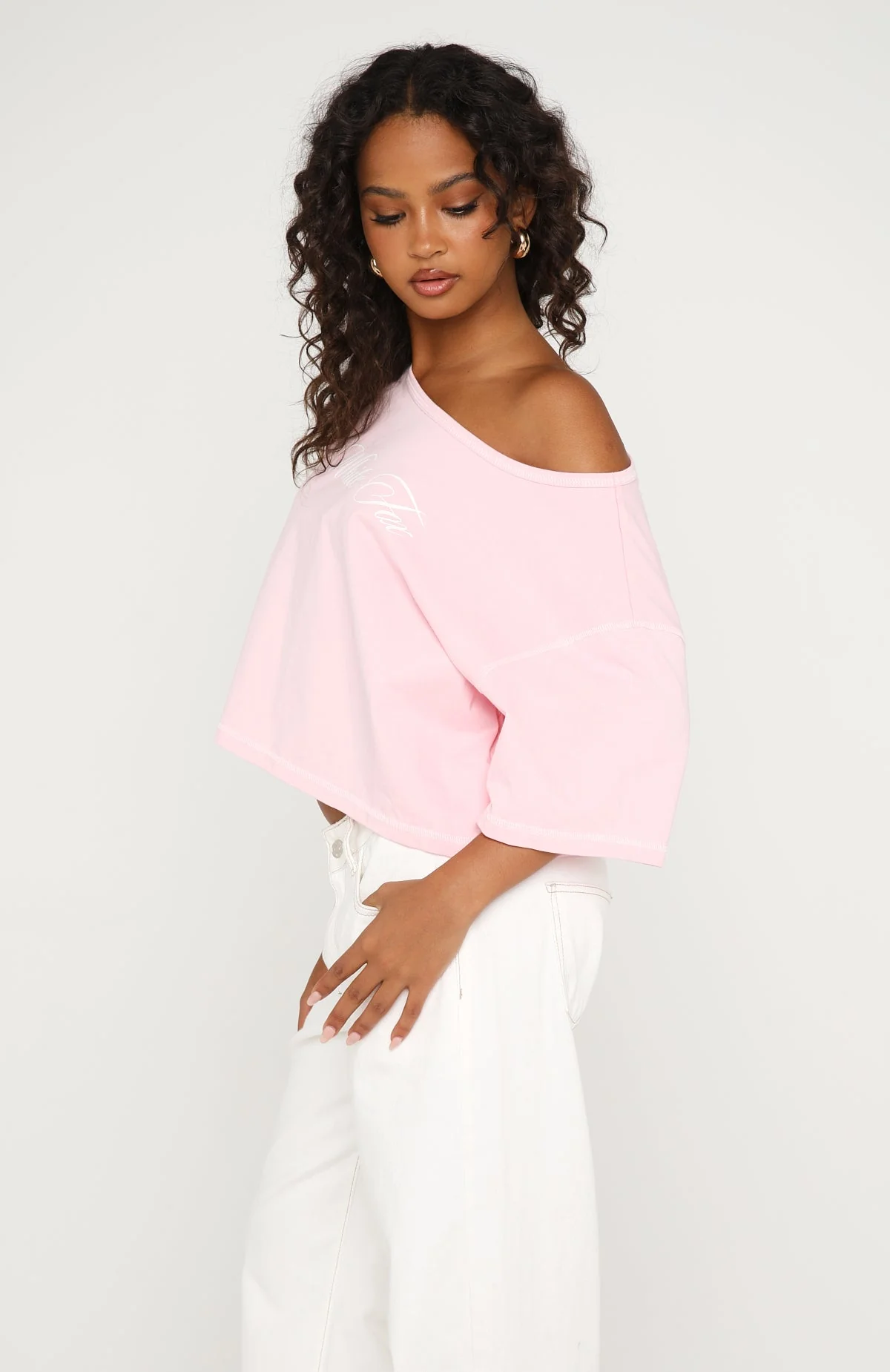 Need More Time Off Shoulder Oversized Tee Pink - Image 3