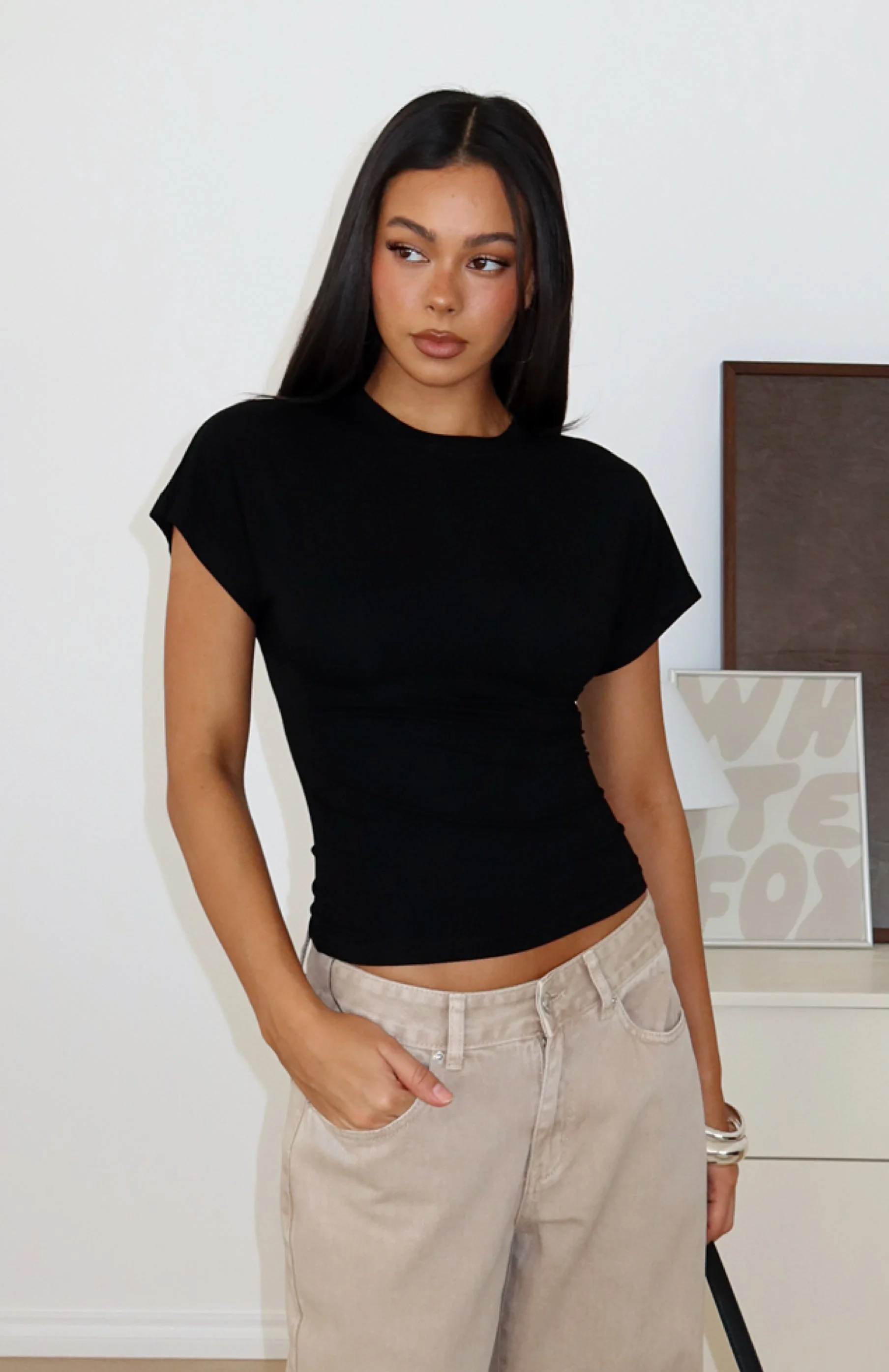 Never The Right Time Cinched Waist Short Sleeve Top Black