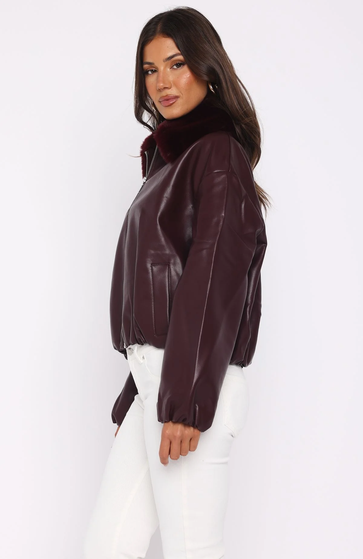 No Competition PU Bomber Jacket Burgundy - Image 3