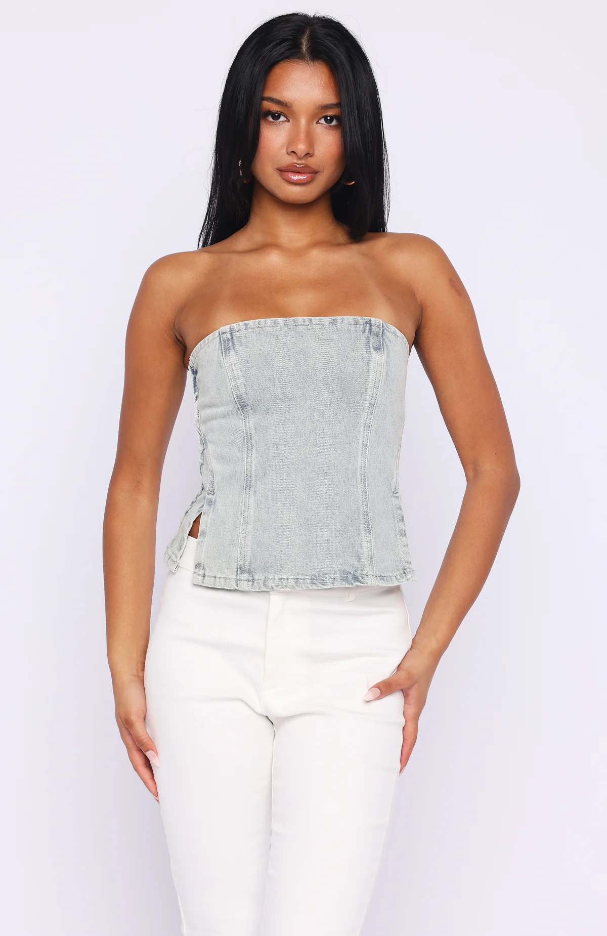 Not Listening Strapless Denim Top Light Blue - Image 2