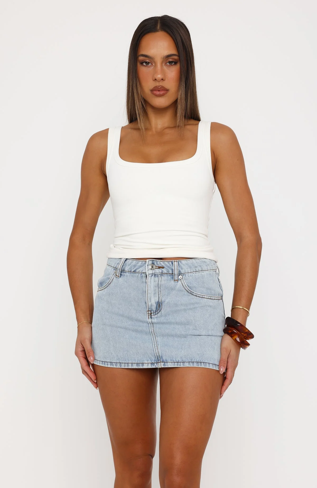 Peachy Keen Mid Rise Denim Mini Skirt Mid Blue - Image 2