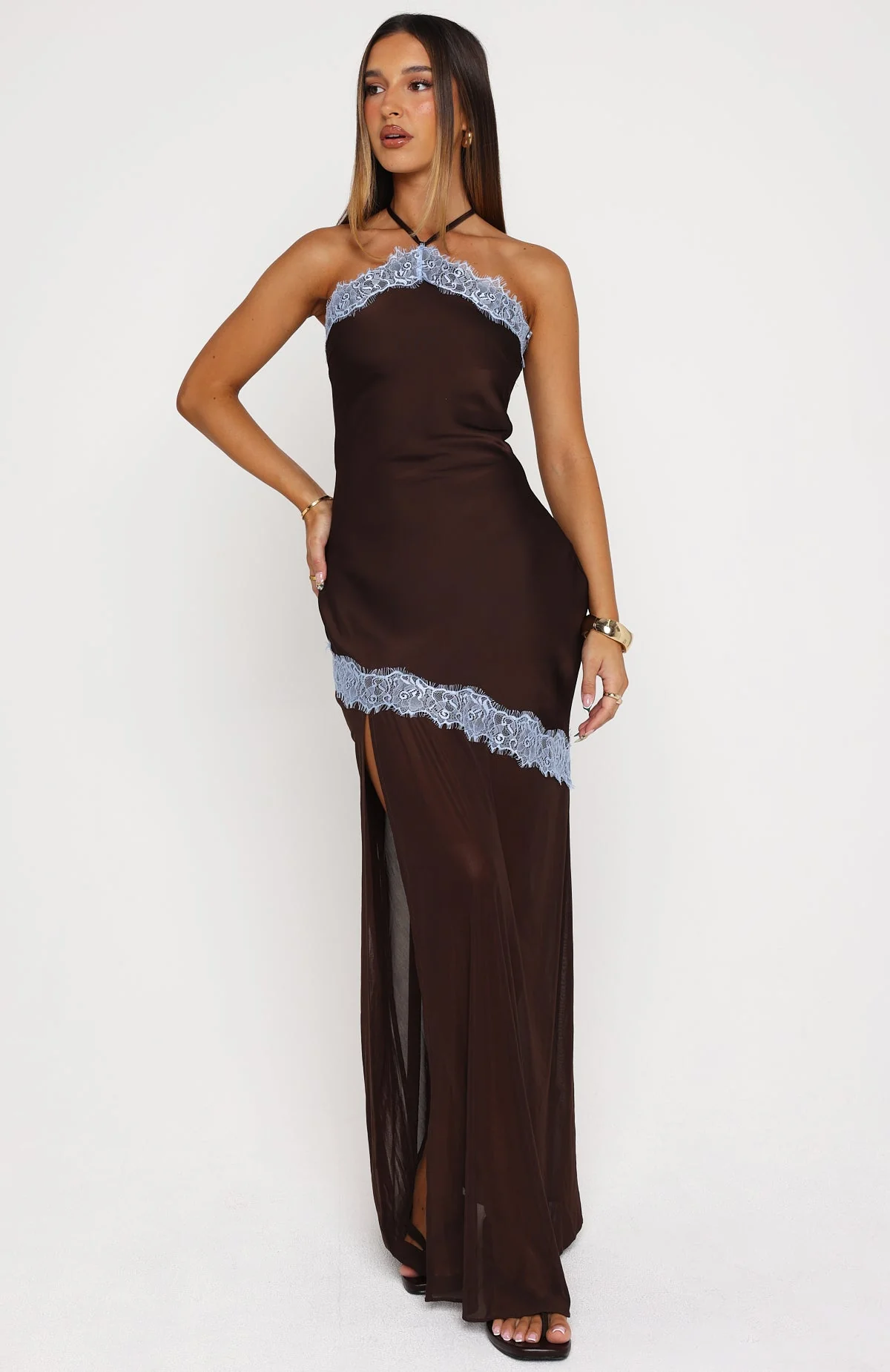 Perfect For You Halter Maxi Dress Dark Chocolate/Powder Blue - Image 2