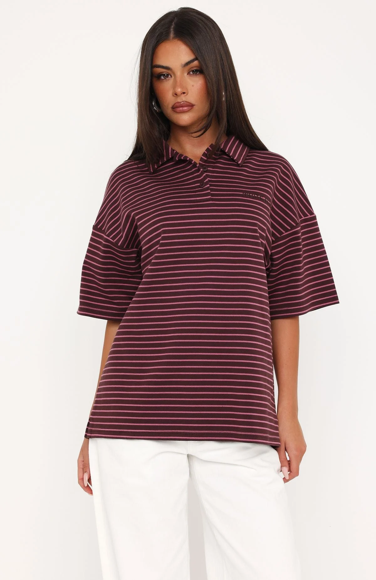 Pure Intent Oversized Short Sleeve Polo Shirt Choc / Pink Stripe - Image 2