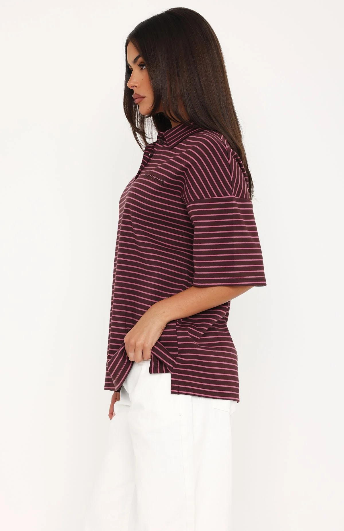 Pure Intent Oversized Short Sleeve Polo Shirt Choc / Pink Stripe - Image 3