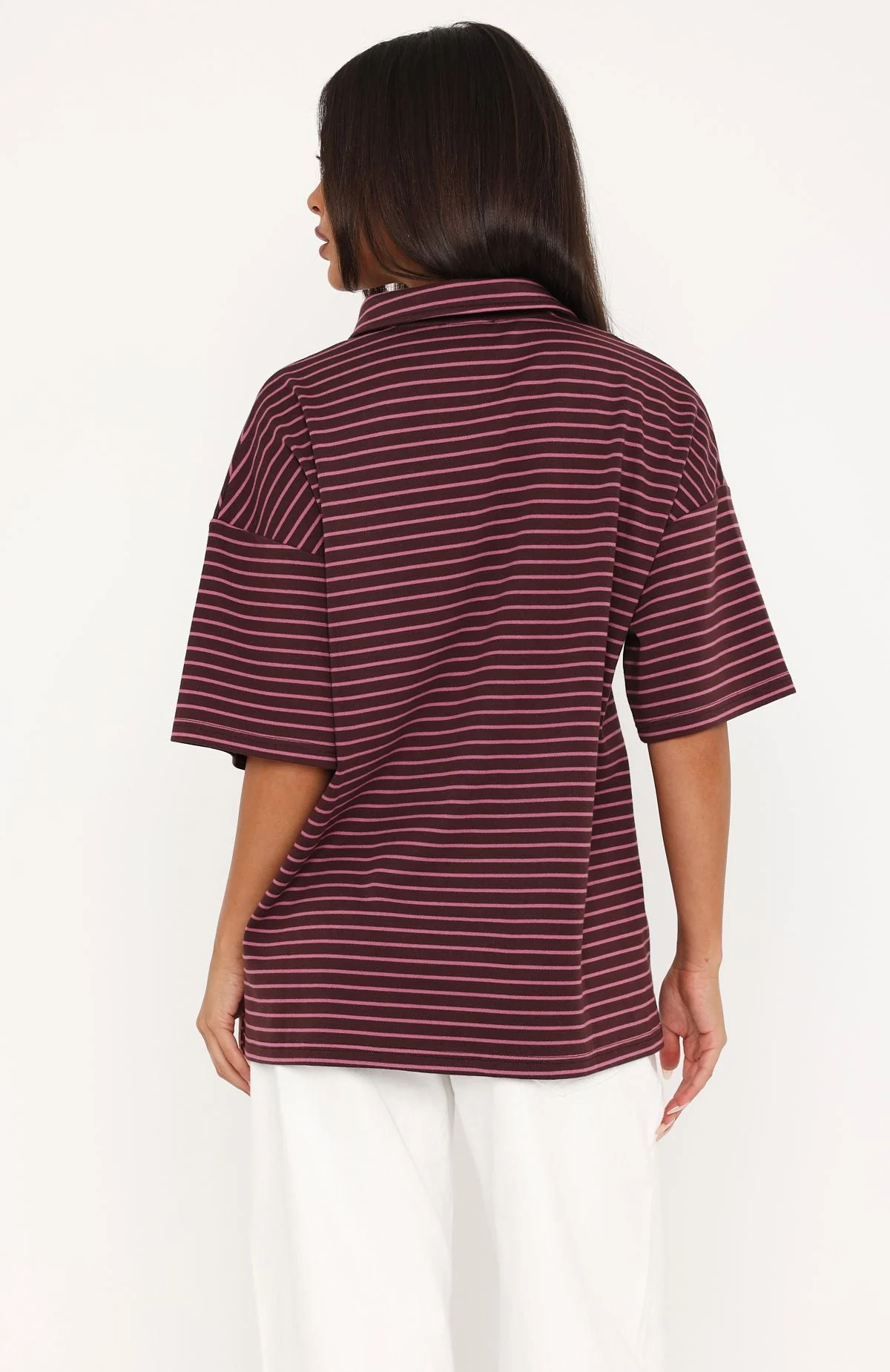 Pure Intent Oversized Short Sleeve Polo Shirt Choc / Pink Stripe - Image 4