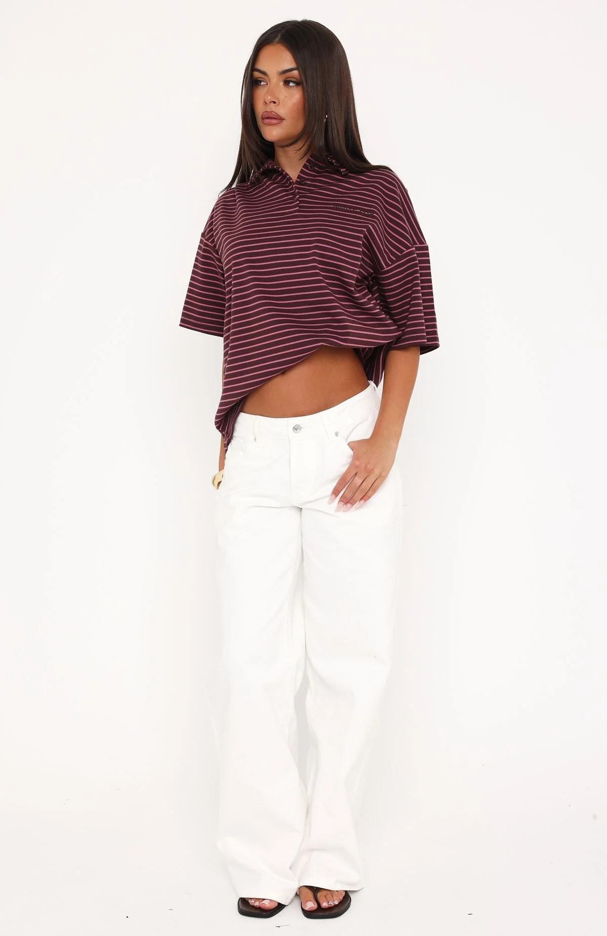 Pure Intent Oversized Short Sleeve Polo Shirt Choc / Pink Stripe - Image 5