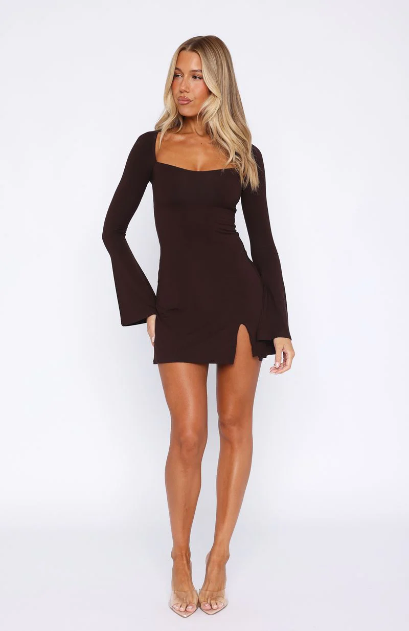Round My Head Long Sleeve Mini Dress Dark Chocolate - Image 5