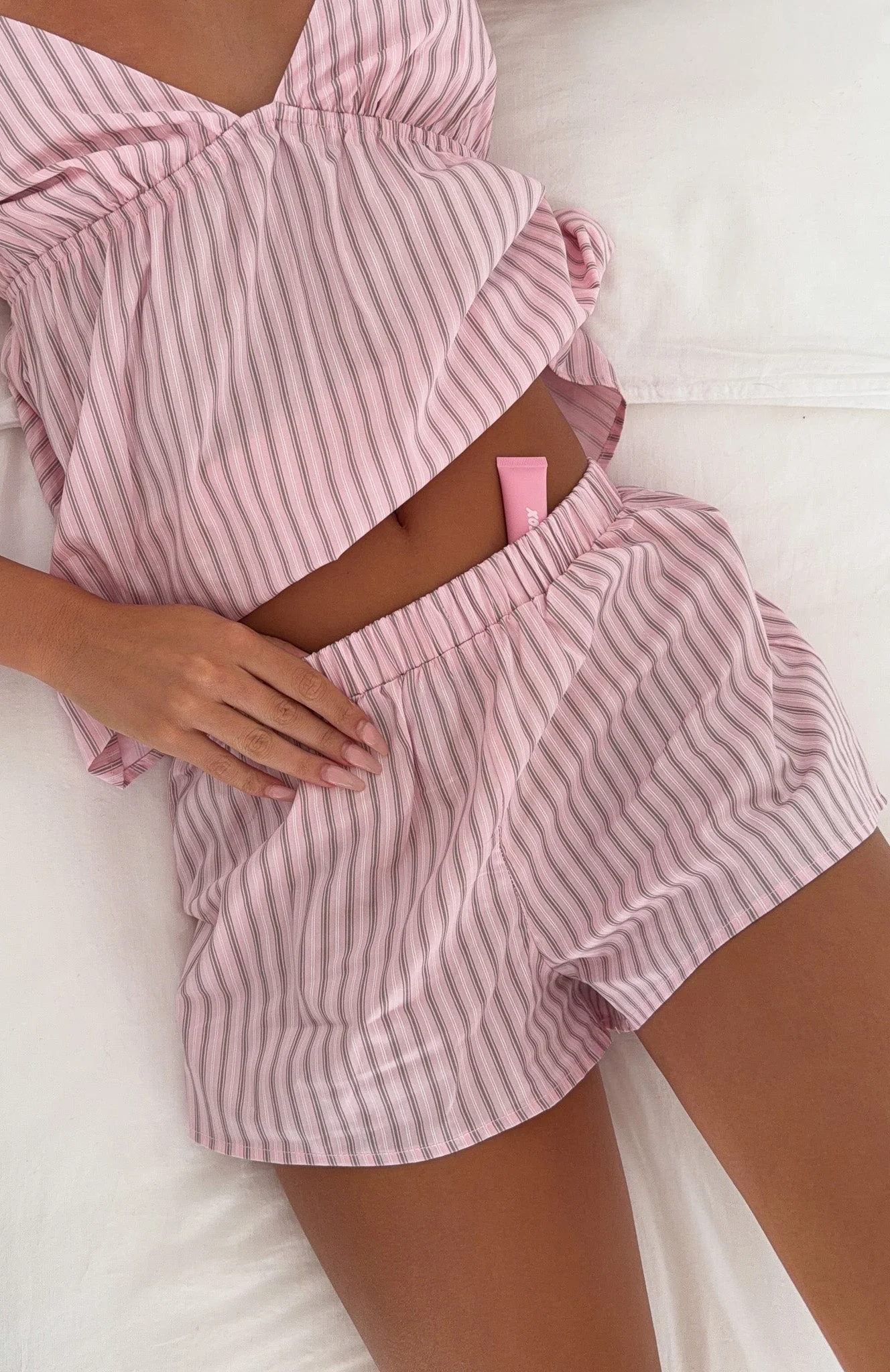 Sleepy Head Pyjama Shorts Pink/Grey Stripe - Image 2