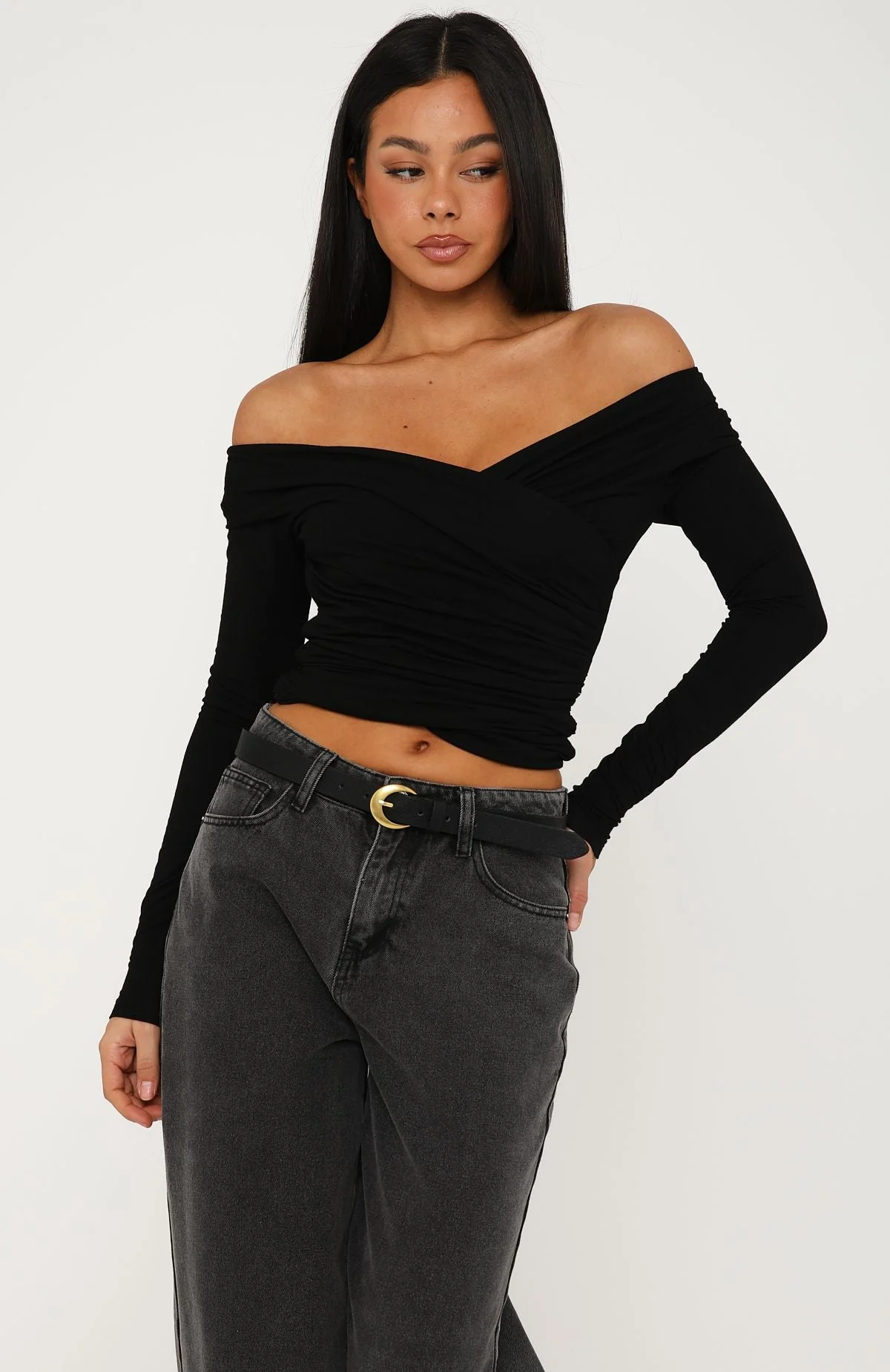 Sparks Fly Cinched Waist Off Shoulder Long Sleeve Top Black - Image 2