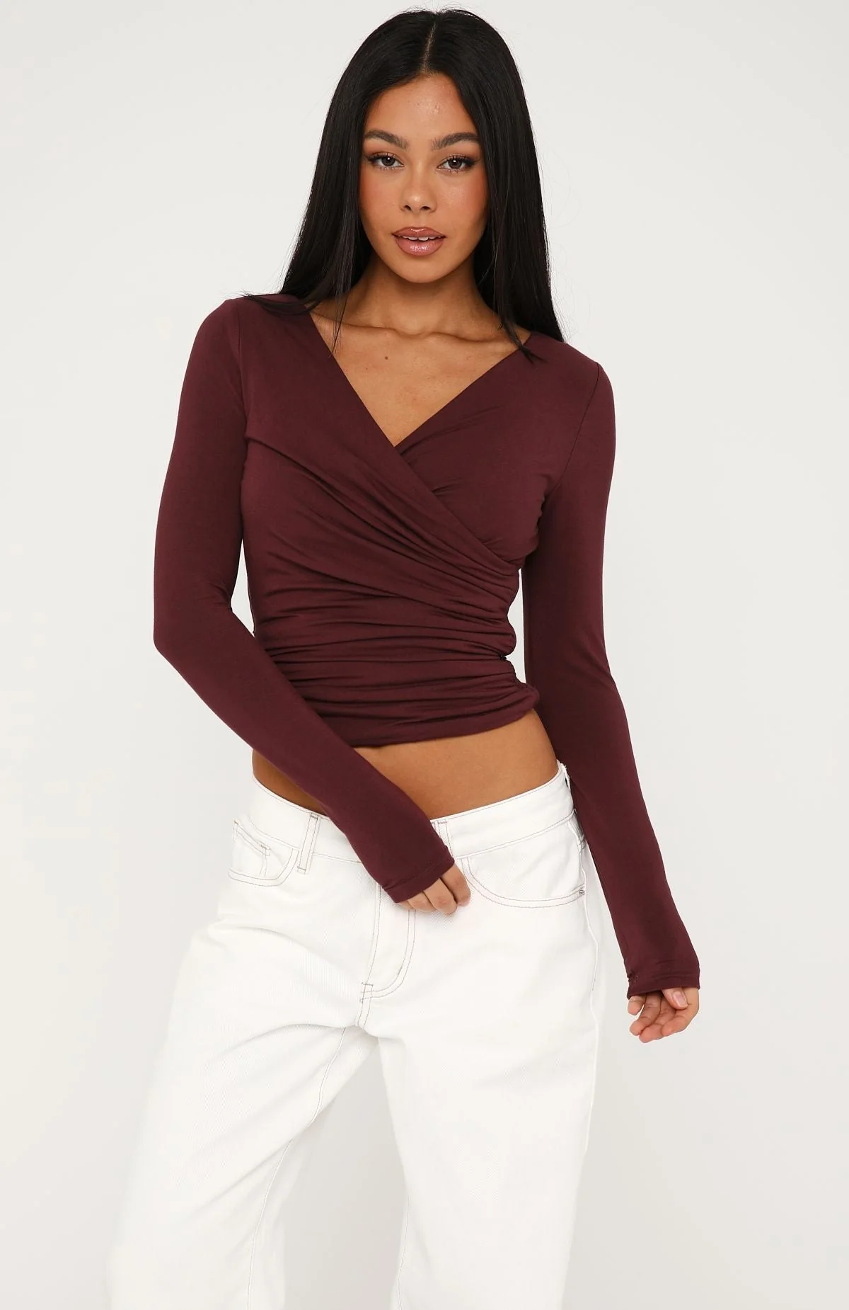 Sparks Fly Cinched Waist Off Shoulder Long Sleeve Top Cherry Chocolate - Image 2