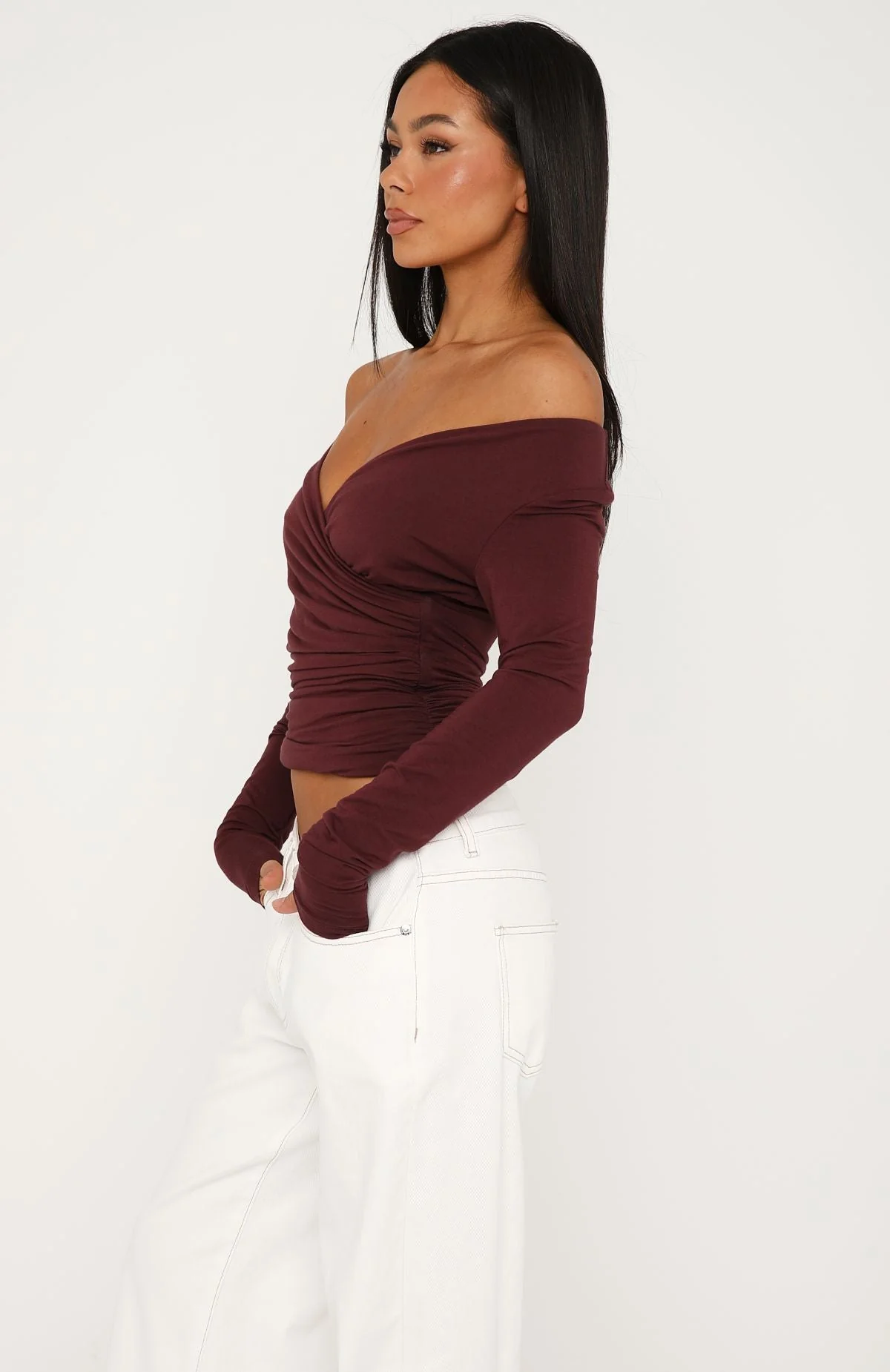Sparks Fly Cinched Waist Off Shoulder Long Sleeve Top Cherry Chocolate - Image 3
