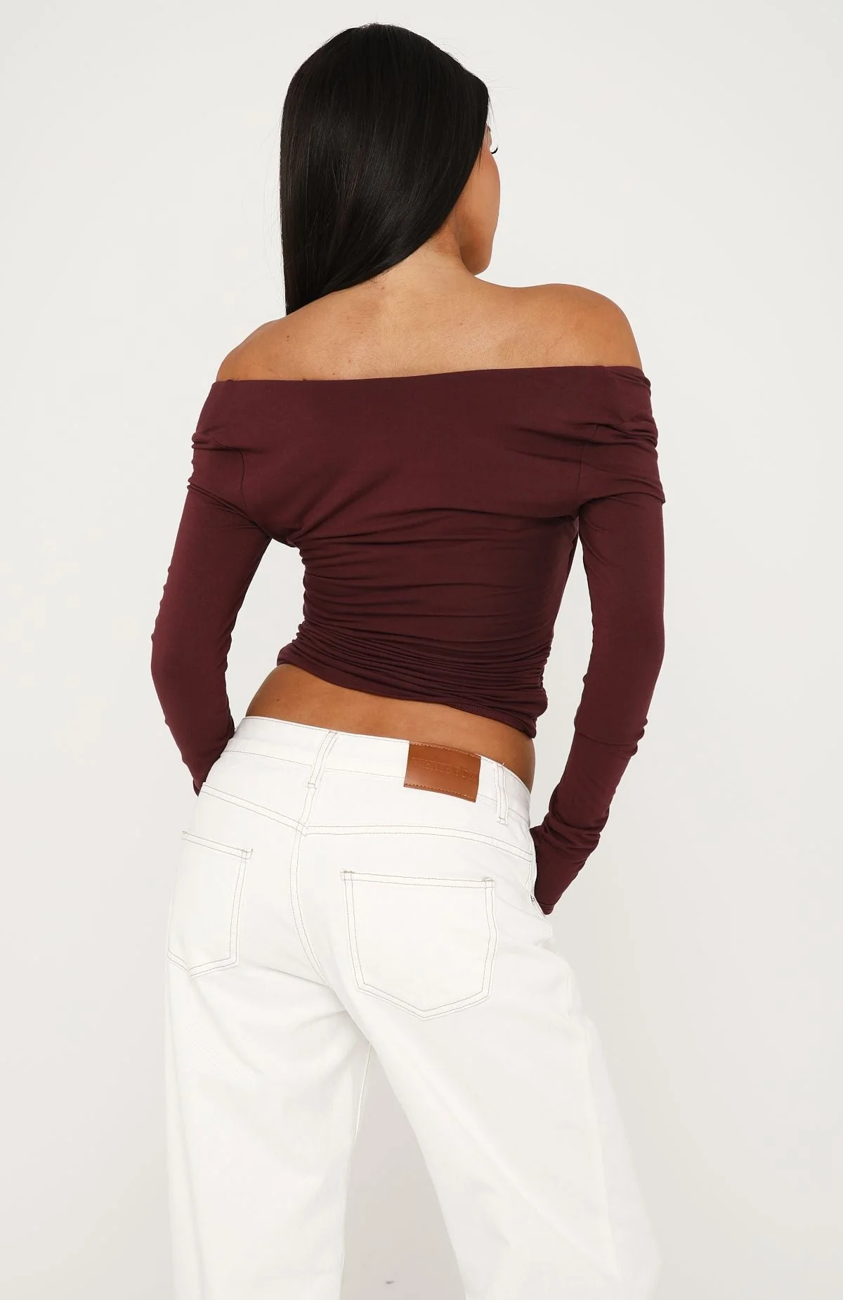 Sparks Fly Cinched Waist Off Shoulder Long Sleeve Top Cherry Chocolate - Image 4