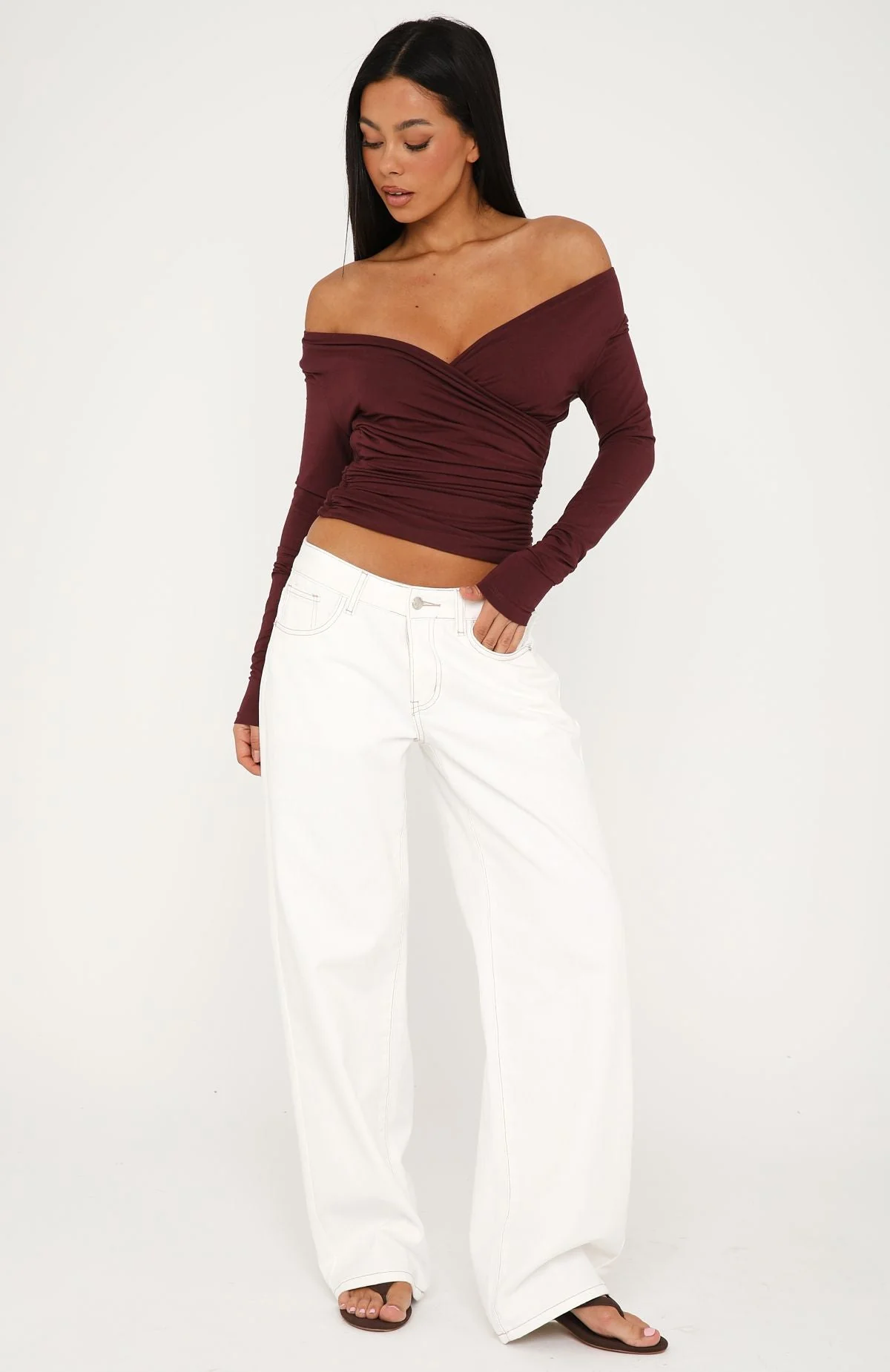 Sparks Fly Cinched Waist Off Shoulder Long Sleeve Top Cherry Chocolate - Image 5