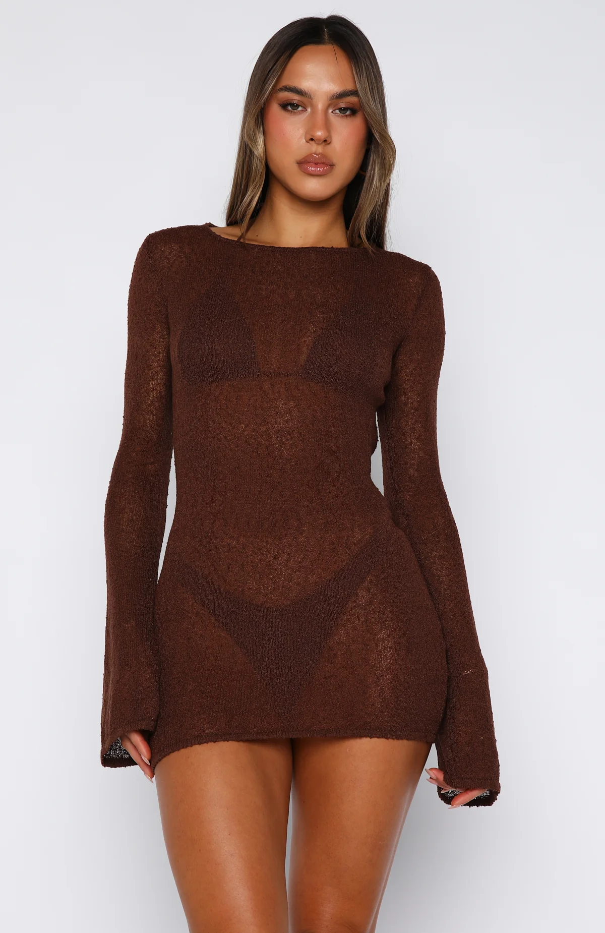 Stand And Stare Long Sleeve Mini Dress Chocolate - Image 3
