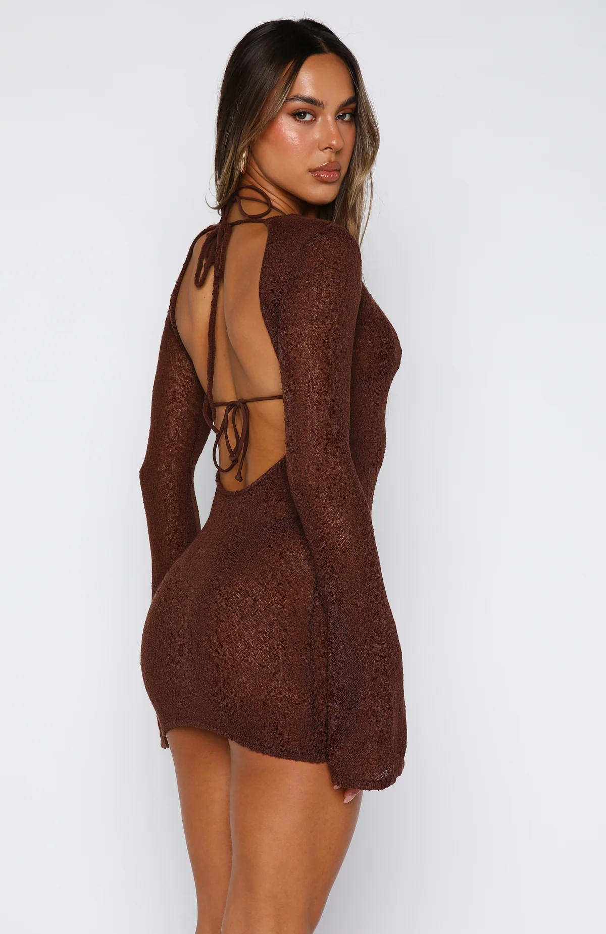 Stand And Stare Long Sleeve Mini Dress Chocolate - Image 5