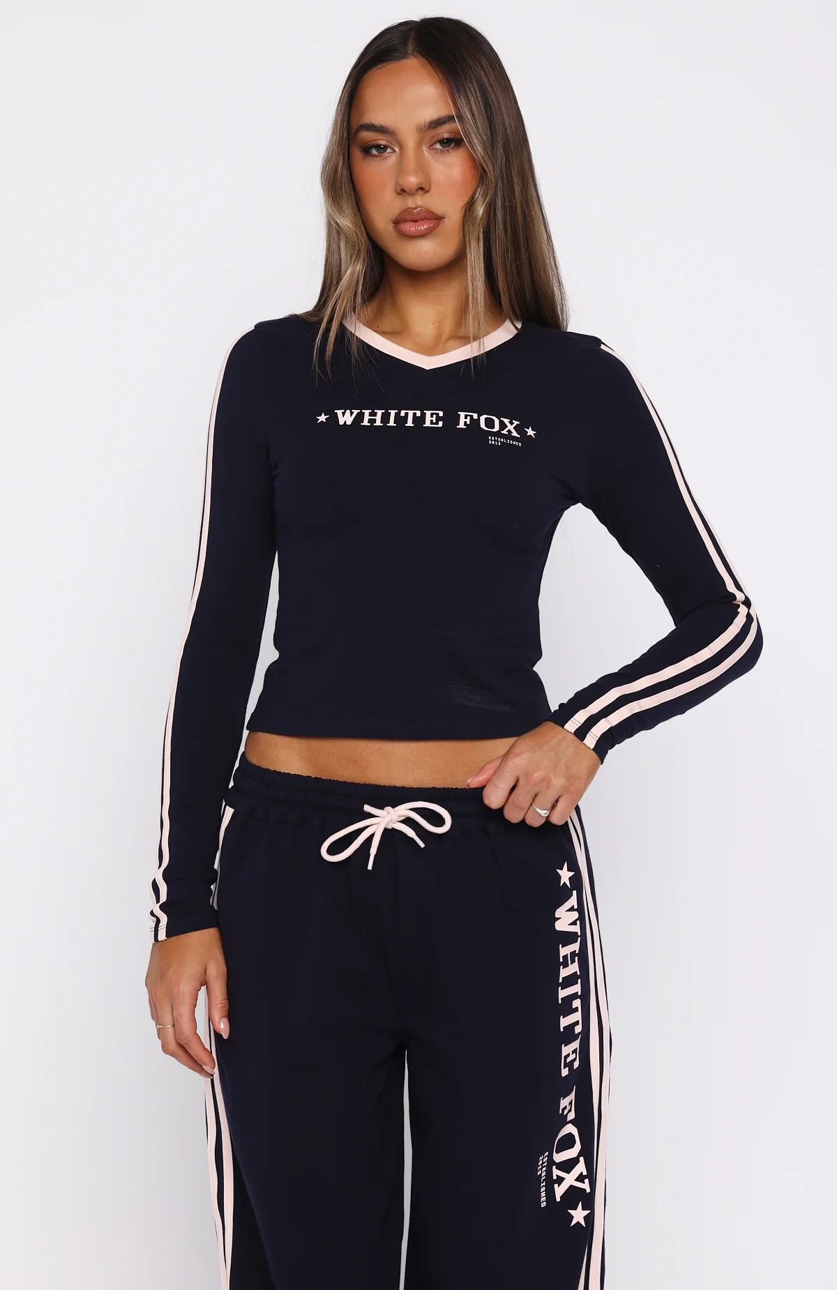 Star Of The Night Long Sleeve V Neck Baby Tee Navy - Image 2