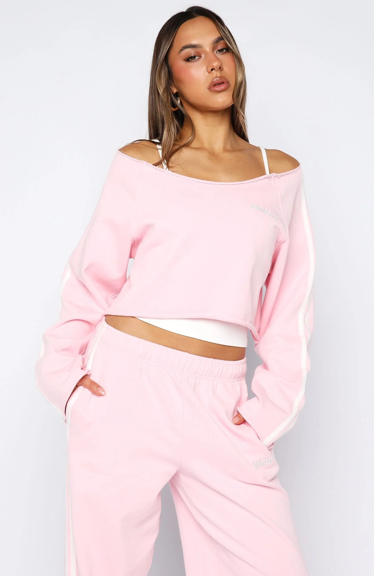 Star Student Cropped Off Shoulder Sweater Pink - Image 2